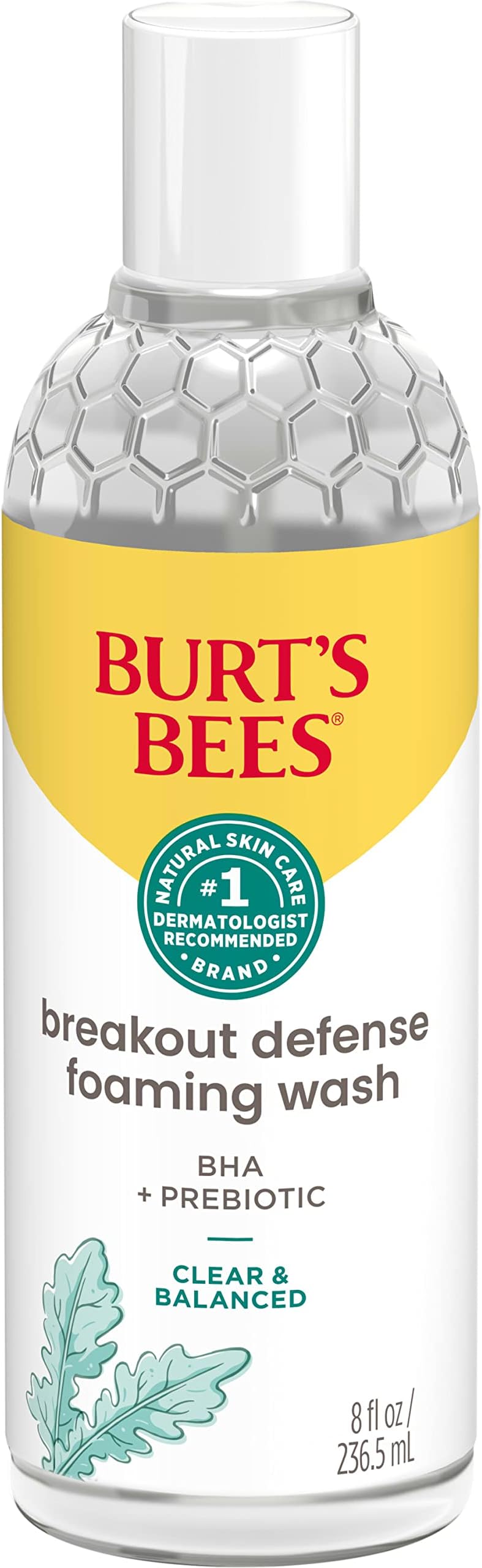 Burt's Bees Foaming Face Wash, BHA Breakout Defense Cleanser for All Skin Types, Washes Away Impurities & Excess Facial Oil, With a Prebiotic, 8 Oz.