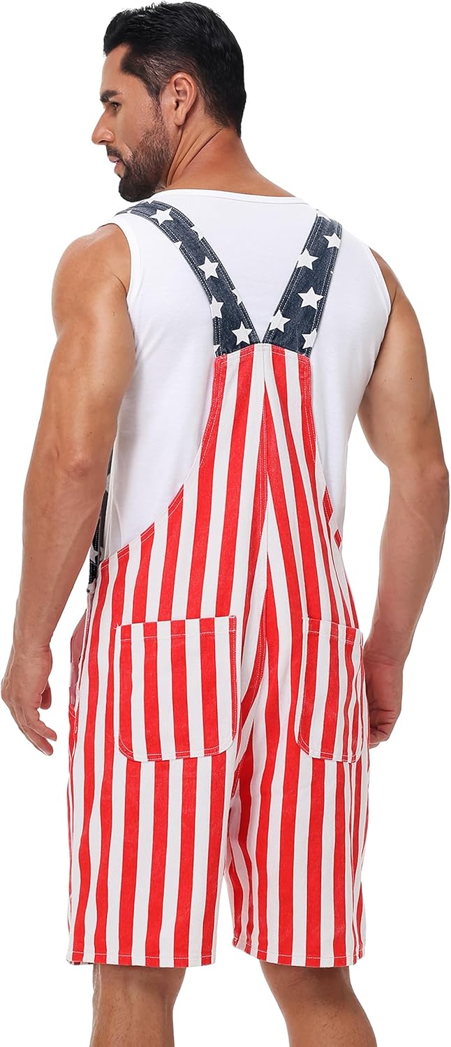 AOBUTE Unisex 4th of July Denim Bibs Overalls Men American Flag Printed Shorts Rompers Jumpsuit - Image 7