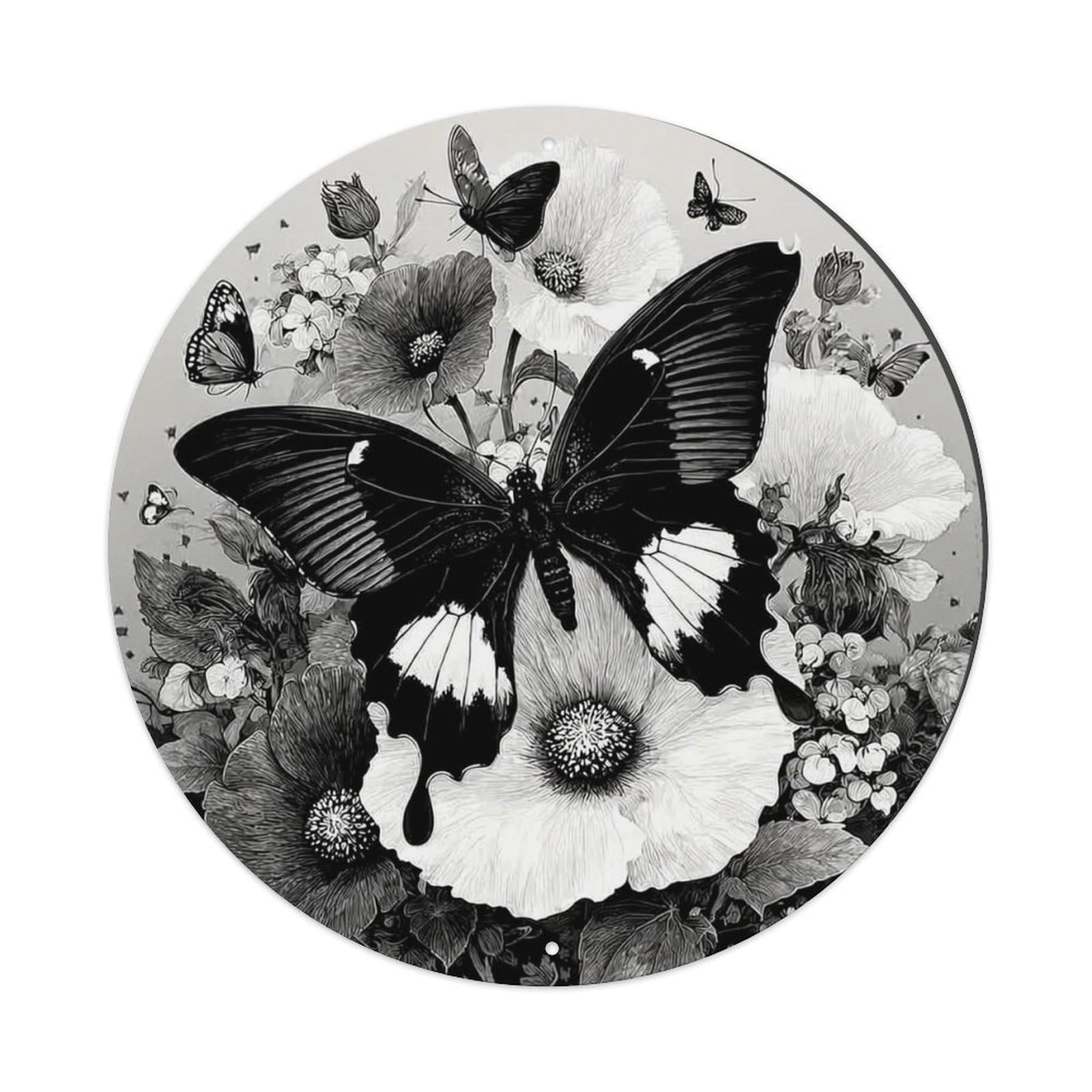 Black And White Butterfly Floral Pattern Metal Tin Sign Plaque