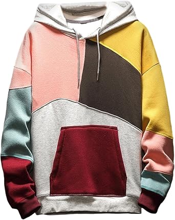 Mens Novelty Color Block Hoodie Patchwork Hip Hop Hooded Pullover Fashion Contrast Color Sweatshirts