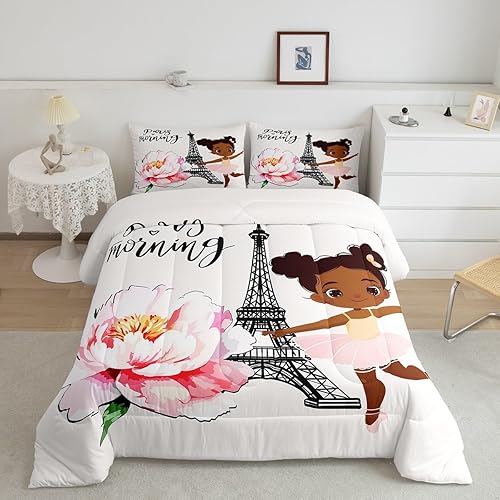 Juego de ropa de cama de la Torre Eiffel para niñas, elegante juego de edredón de París, lindo relleno de edredón negro de ballet para mujeres,