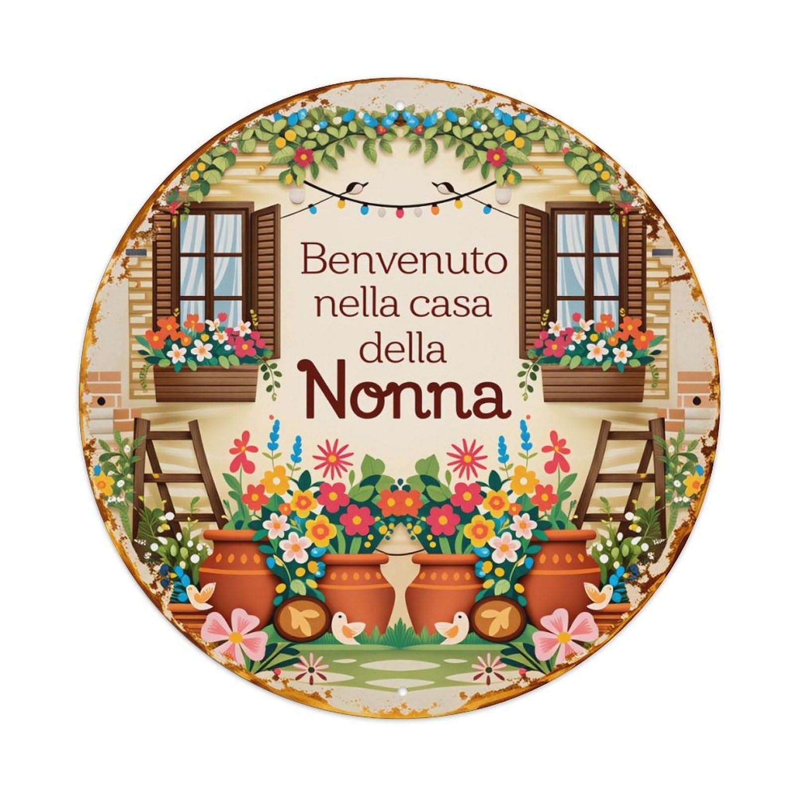 Floral House Window Pots Birds Garden Welcome Nonna Round Vintage Tin Sign,Retro Wall Art,Metal Poster for Home, Bar, Garage, Cafe, Rustic Indoor & Outdoor Decor, 8x8 Inches