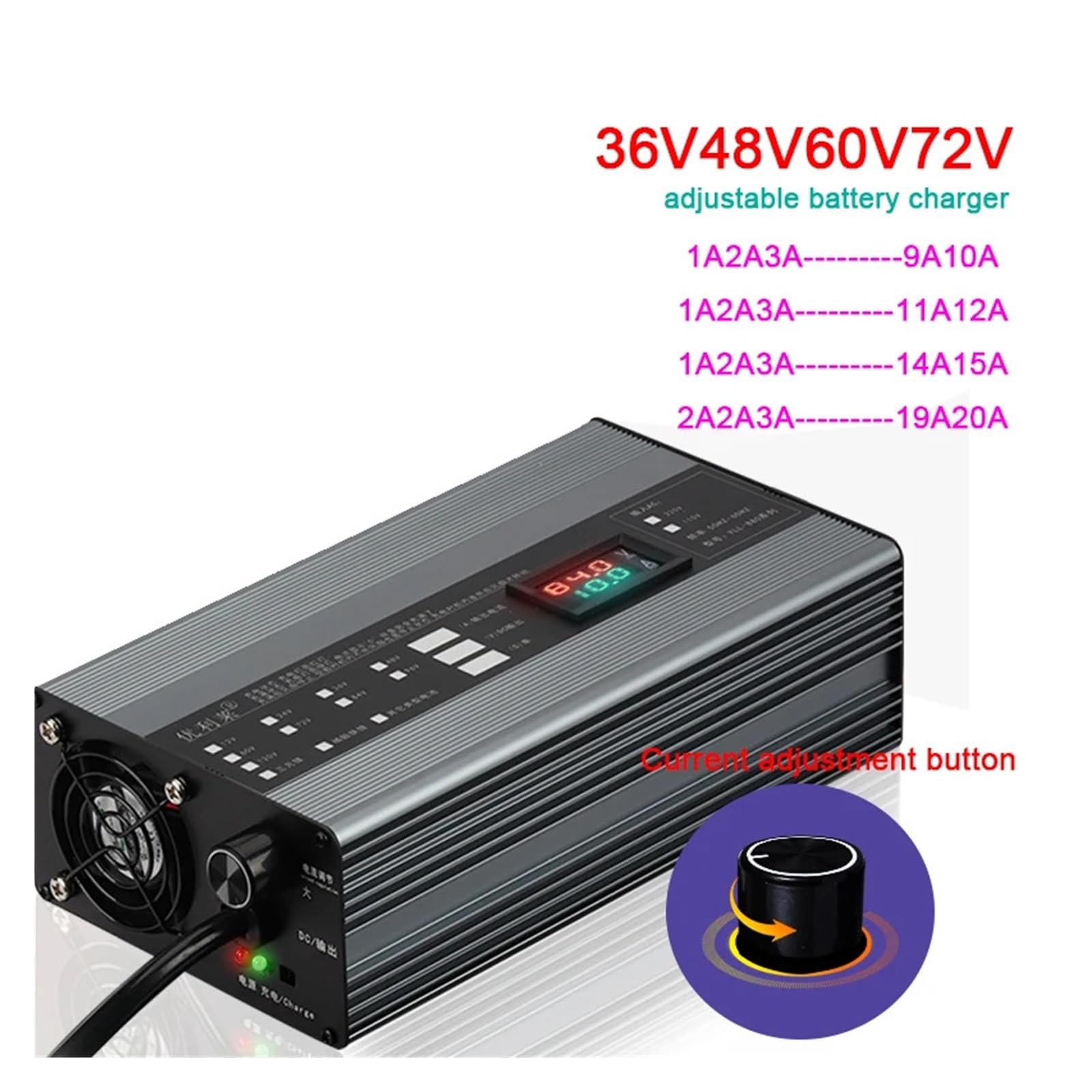 Einstellbares Ladegerät 60 V 20 A Ladegerät 36 V 60 V 72 V 15 A 48 V Ladegerät 54,6 V 20 A 84 V 67,2 V 12 A 42 V 58,4 V 58,8 V 15 A 87,6 V 88,2 V 20 A (24S 87,6 V, 1-12 A einstellbar)