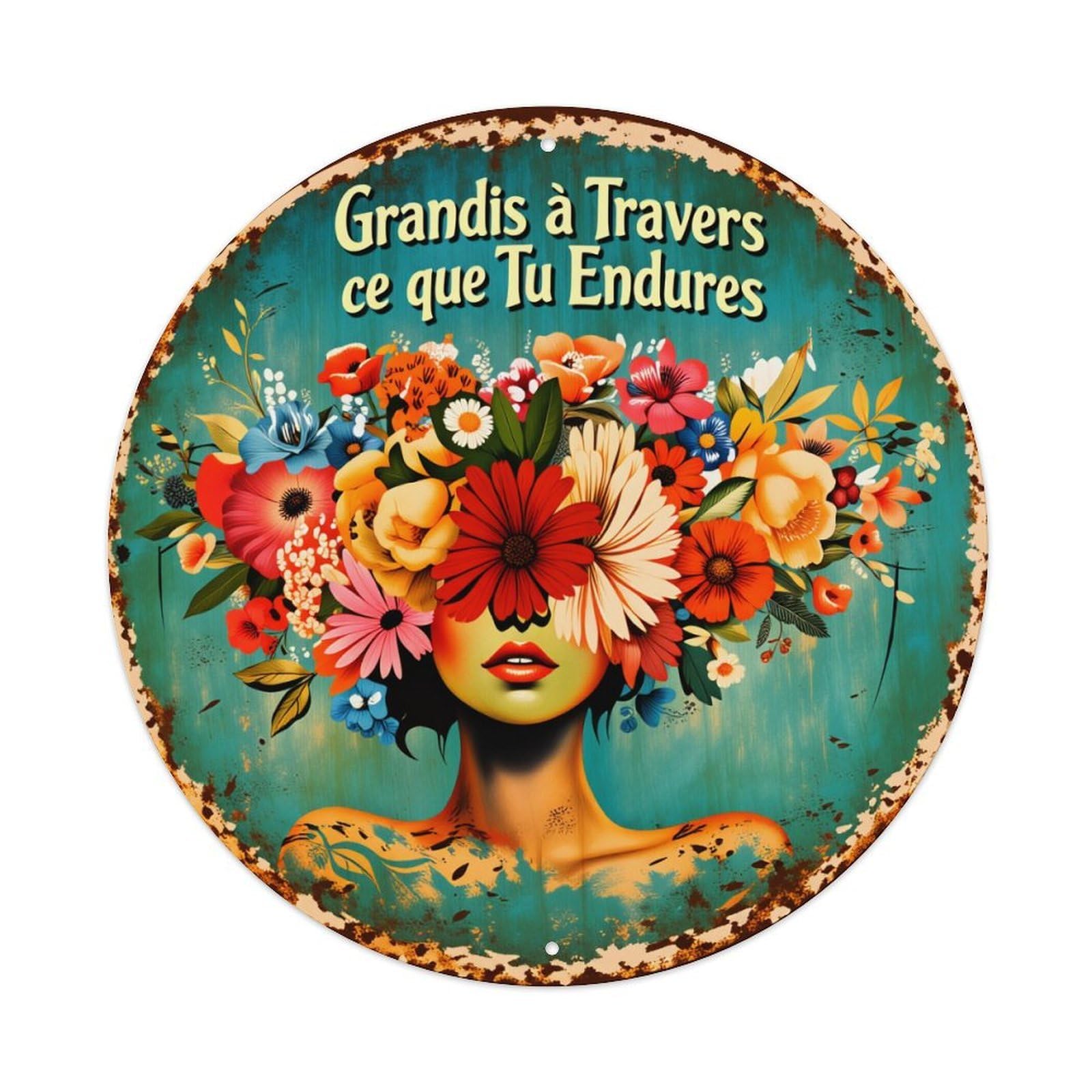 Floral Woman Portrait Art Design Round Tin Sign Vintage Style Metal Sign Home Bar Garden Wall Plaque Decor Metal Poster 8x8 Inch