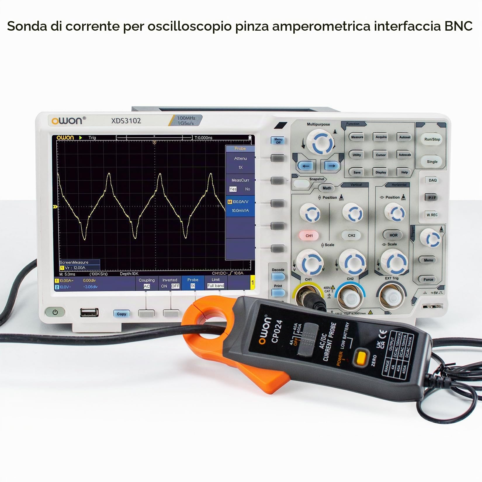 OWON CP024 Sonda a pinza amperometrica AC/DC per oscilloscopio, pinza amperometrica per tester di corrente 200 KHz Larghezza di banda 1 mV/10 mA 400 A Correzione dello zero relativo con connettore BNC