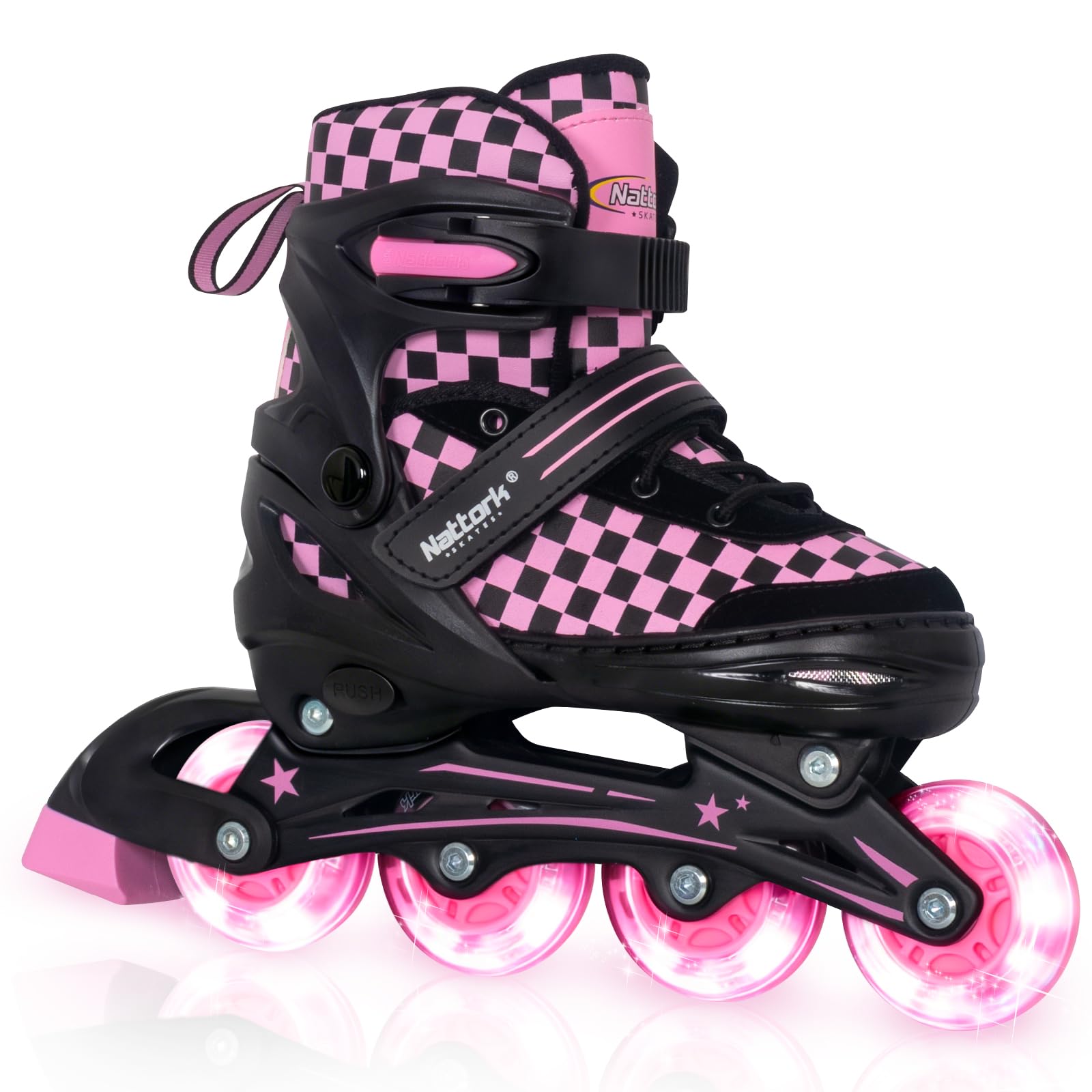 Nattork Adjustable Inline Skates for Kids Teens, Illuminating Wheels Blades Roller Skates with Checkerboard Design for Boys Girls Pink Size 10 13