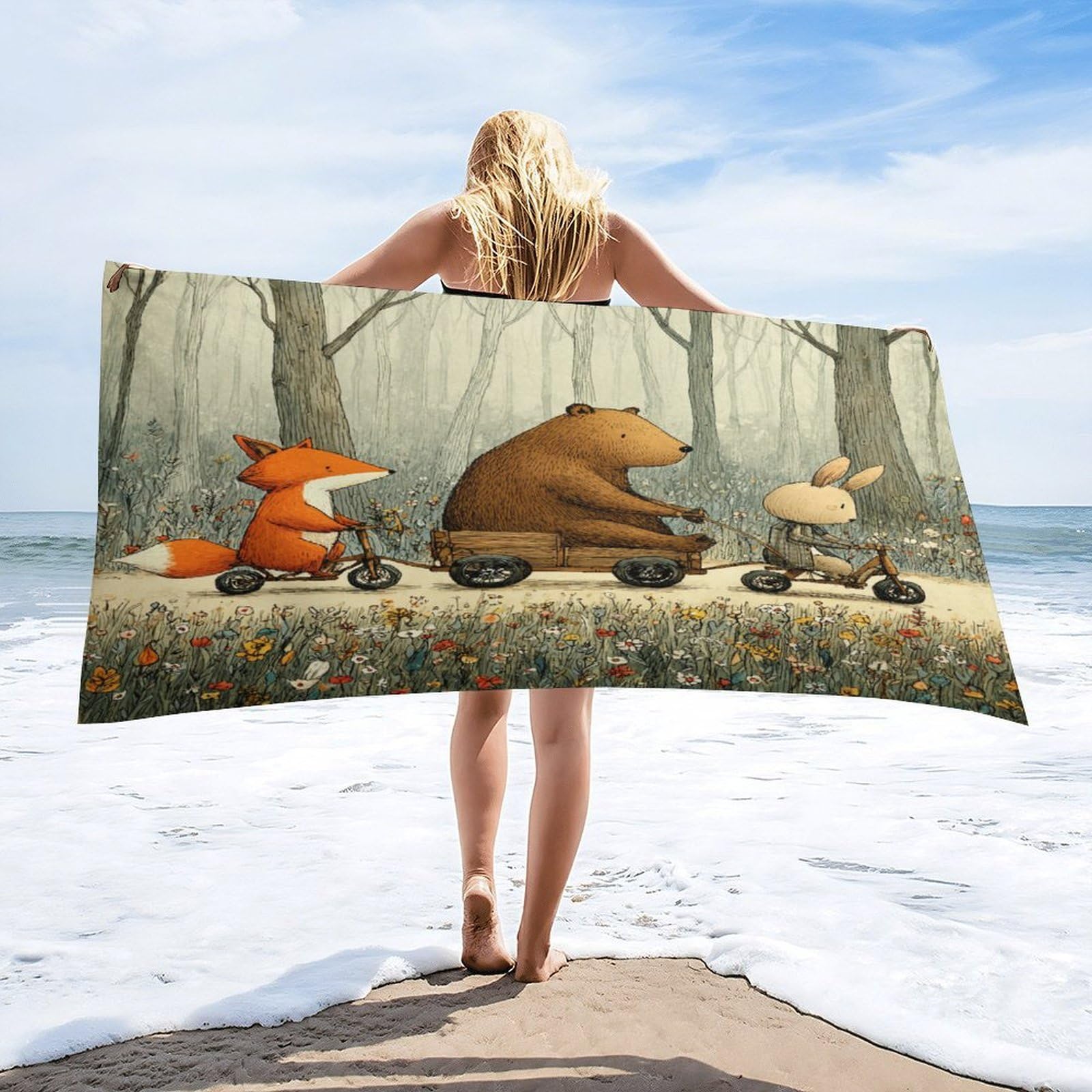 Luyysky Retro Abstract Woodland Wildlife Quick-Drying Beach Towel, Modern Cartoon Animal Fox Rabbit Bear Plant Flowers Travel Vacation Single Sided Pile Bathroom Towels-80 W Cm X 160" L Cm