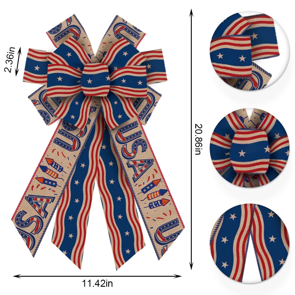 ALIBBON Large Patriotic Bows for Wreath, 4th of July Wreath Bows, USA Firework Wreath Bows for Front Door, 4th of July Decor, Independence Day Burlap Bows for Wreath Indoor Outdoor Wall Decorations