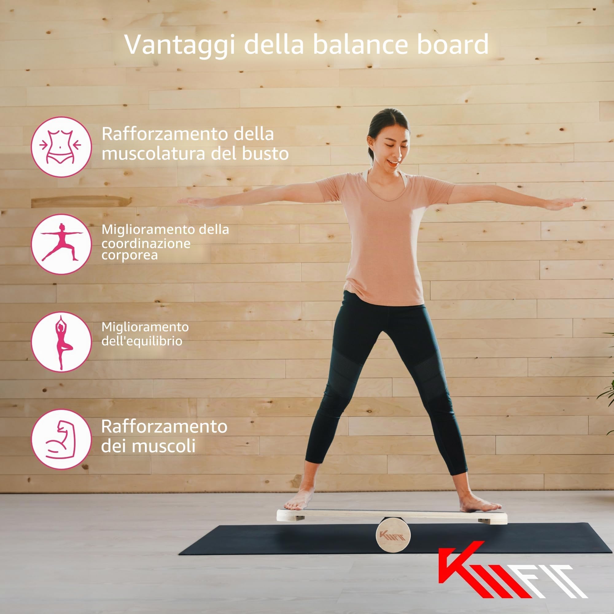 KM-Fit Balance Board | Balance Board in legno | Tavola da surf per interni per allenamento coordinatorio | Allenatore di forza ed equilibrio, surf e pattinaggio indoor