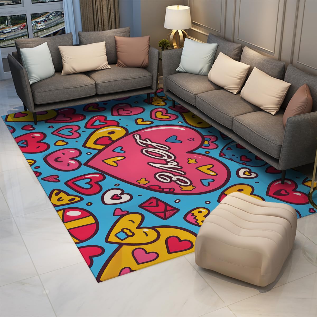 Tappeti per soggiorno Tappeto lavabile Cartoni animati blu e rosa per sala da pranzo Camera da letto Nursery Home Cuore d'amore antiscivolo Moquette a pelo basso 140x180cm