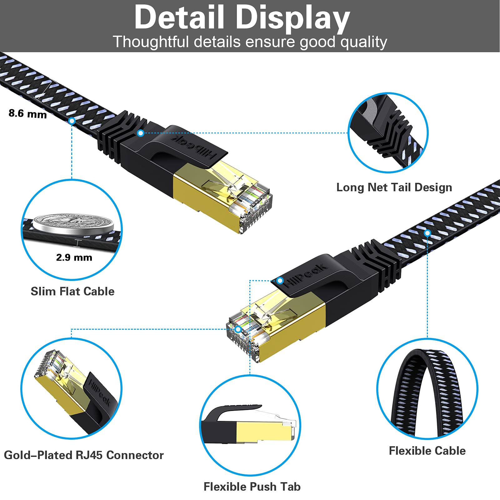 HiiPeak Cable Ethernet 30 metros Cat 8 Nailon Plano, Cable Red Lan Alta Velocidad 40 Gbit/s y 2000 Mhz con Conectores Rj45 Chapados en Oro, Cable internet