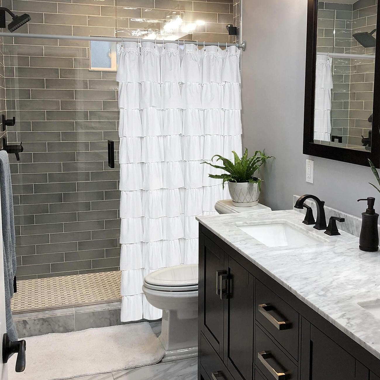 Volens Cortina de ducha blanca con volantes para baño, 72 pulgadas de largo