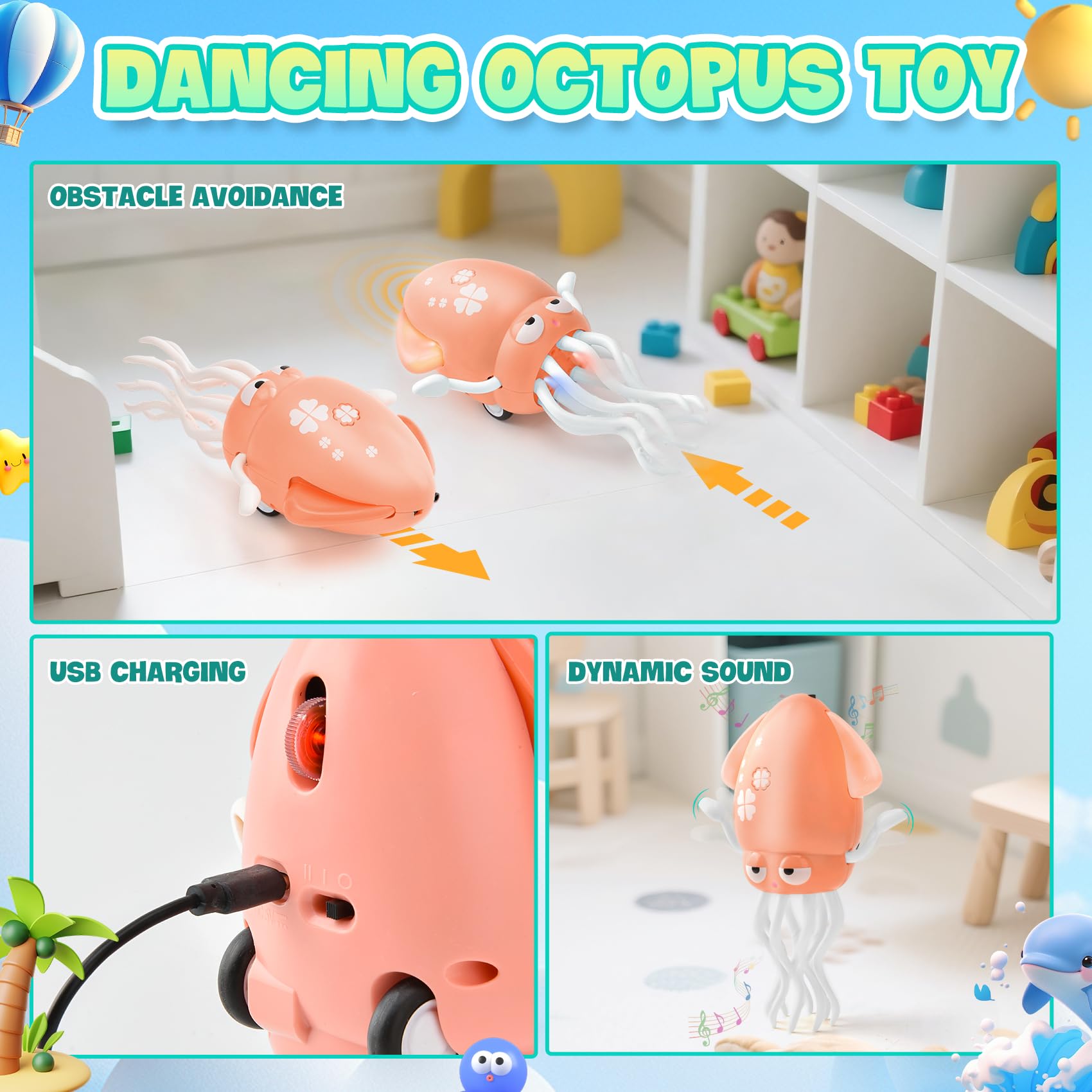 Giocattolo Polpo Danzante Elettrico – Striscia Con 8 Gambe, Musica E Luci, Sensore Ostacoli, Ricaricabile USB - 3