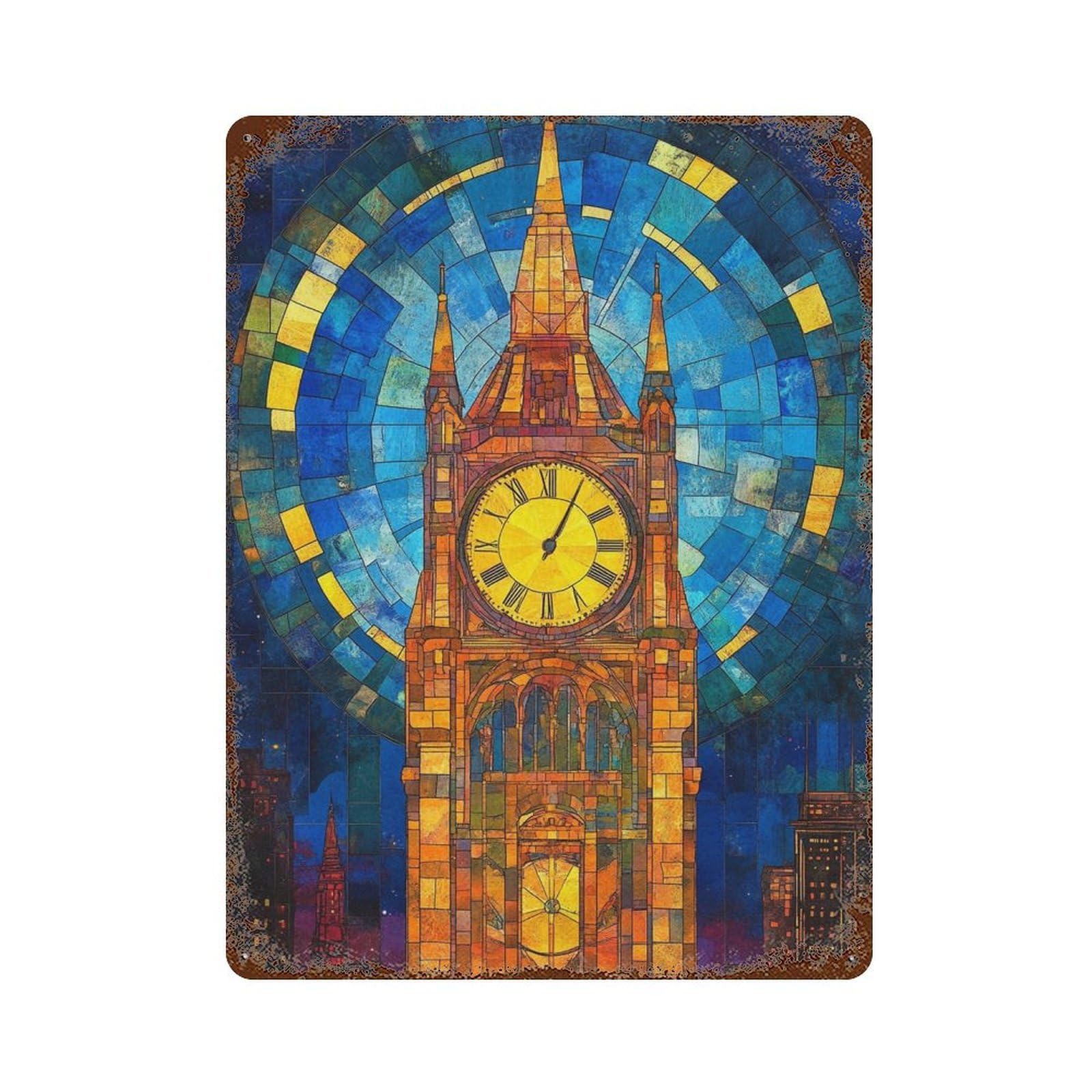 Stained Glass Clock Tower Art Print Retro Metal Sign 15.7"x11.8", Novelty Wall Decor for Garage, Pub Or Kitchen