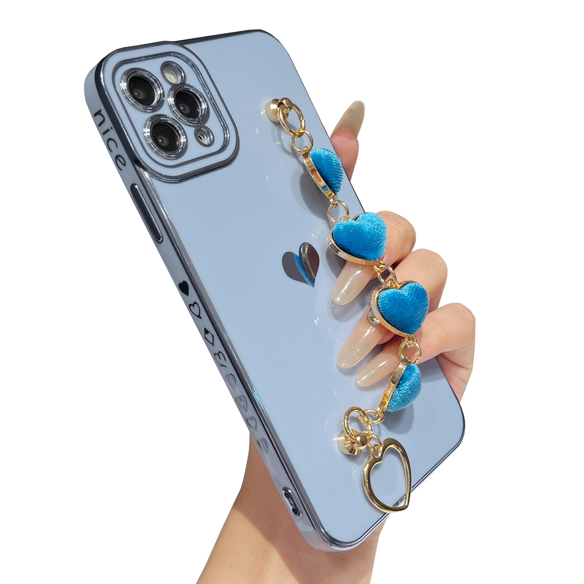 Caseative for iPhone 11 Pro Max Case,Cute Plating Love Heart Wrist Strap Chain Bracelet Soft Compatible with iPhone Case for Women Girls (Blue,iPhone