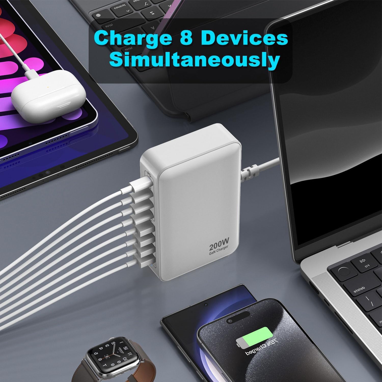 200W Caricatore USB C Multiplo, Alimentazione USB a Spina Multipla, Stazione di Ricarica a 8 Porte Gan Caricatore Rapido PD+QC Compatibile con MacBook Pro/Air/ThinkPad/iPad/iPhone 15/16/Galaxy S23