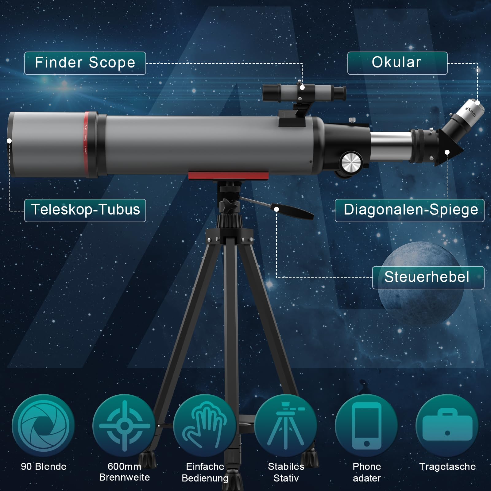Aurosports Astronomisches Teleskop für Erwachsene - 90mm Öffnung 600mm Refraktor Teleskop Anfänger kompaktes und tragbares Reiseteleskop mit Rucksack