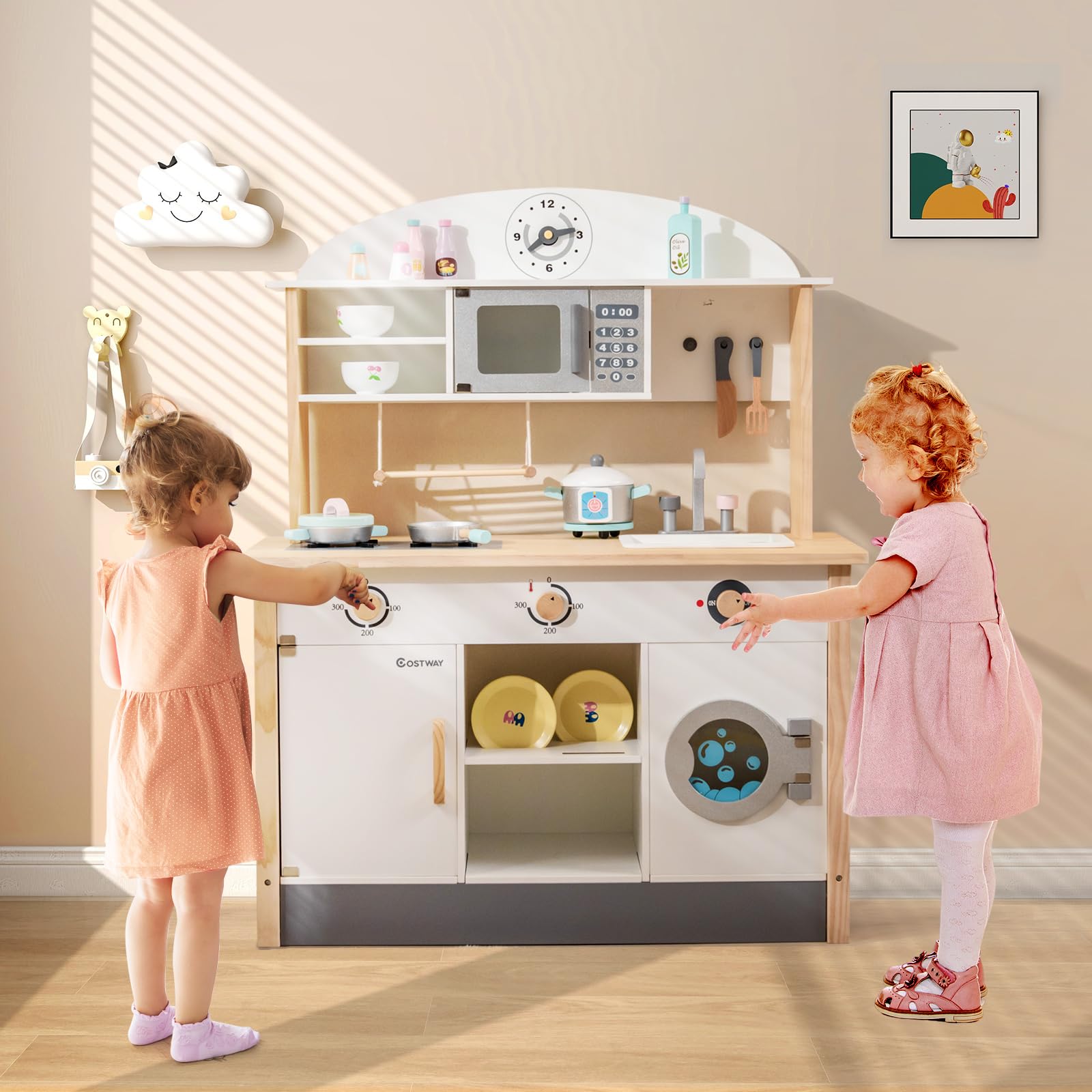 COSTWAY Kinderküche aus Holz, Spielküche inkl. 17 Zubehör, Spielzeugküche mit Mikrowelle, Waschmaschine, Waschbecker, Herde & Kochgeschirr, Holzküche für Kinder ab 3 Jahren
