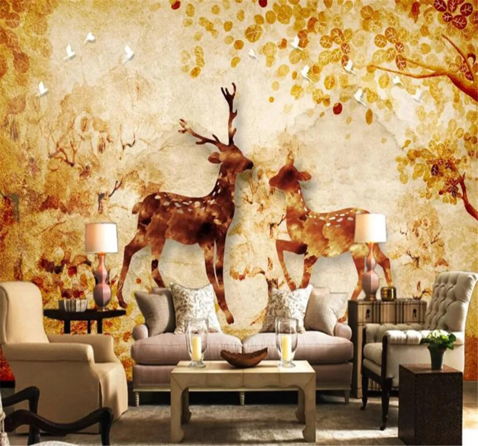 Tzxztt Vintage Nostalgic Forest Reindeer Art Modern 3D Wallpaper Premium Textured Silk Neutral Tones Material Ideal for Living Room Bedroom-430cm×300cm