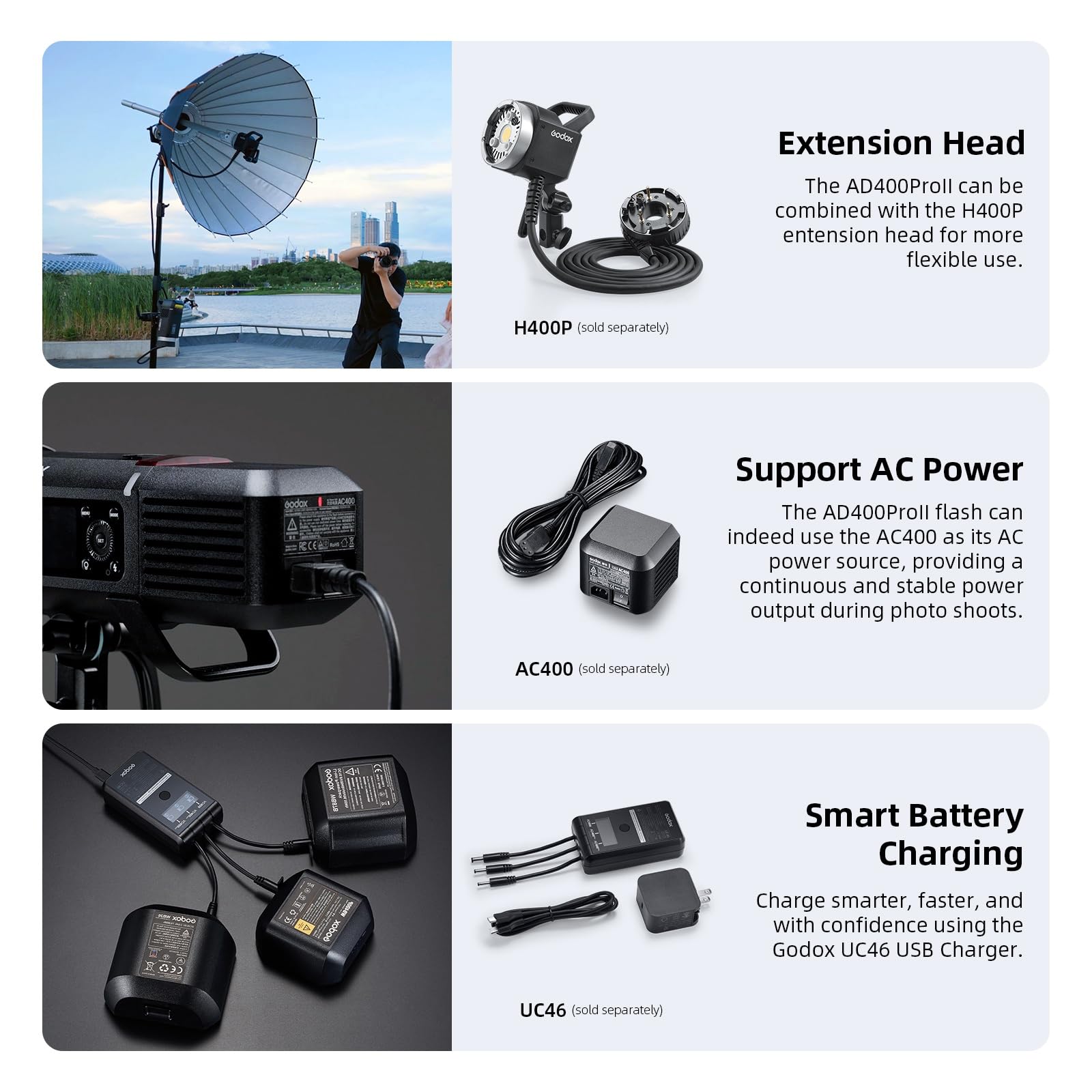 Godox AD400 Pro II AD400ProII Flash 400Ws Extérieur, Strobe Flash avec Système sans Fil 2.4G, Lampe Modeling Bi-Couleur 30W, 0.01~1s Recycle,460 Fois Flashes