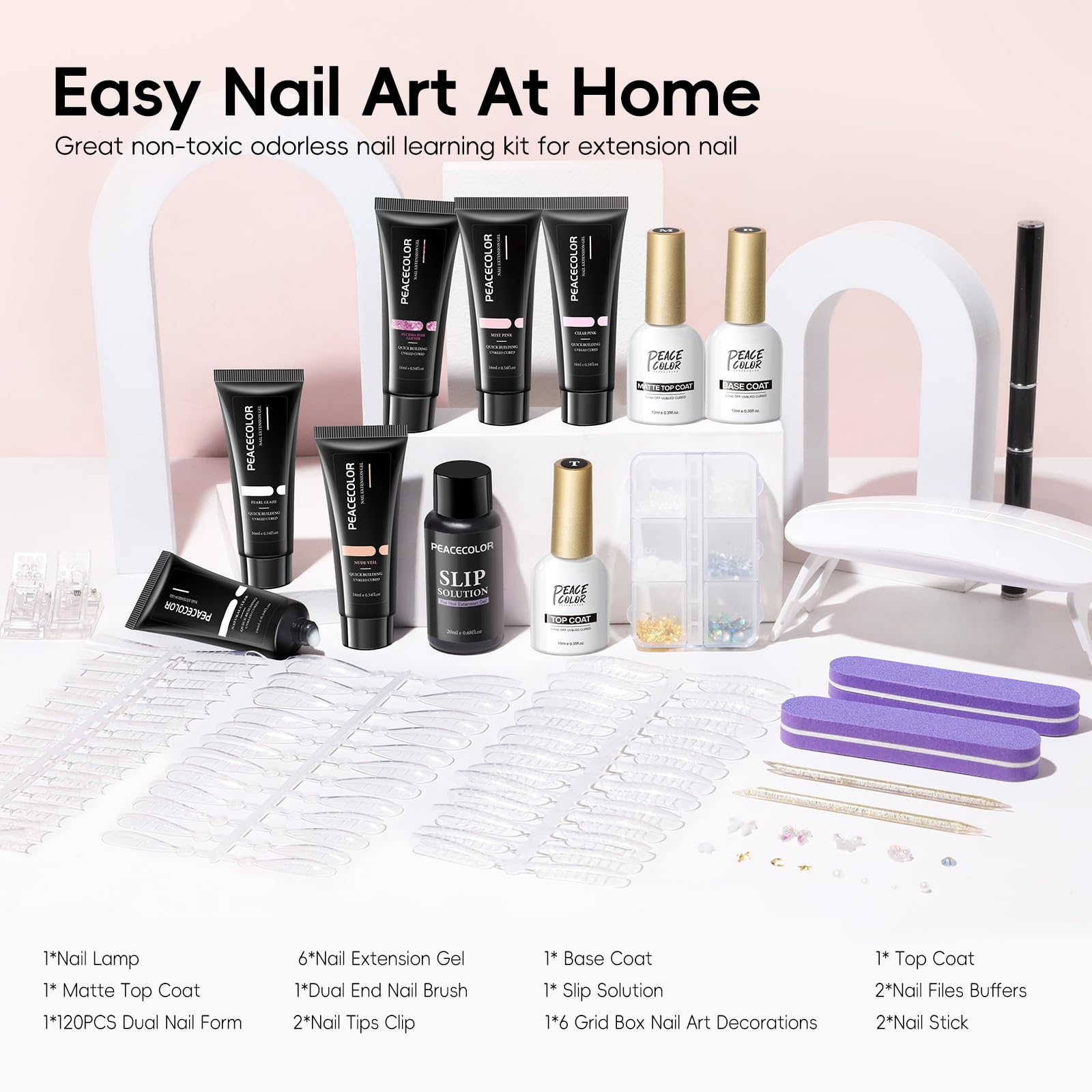 PEACECOLOR Poly Nagelgel Set mit UV Nagellampe, 6 Farben Pink Weiß Glitzer Nagelverlängerungsgel Matt Glitzer Top Base Coat Gel Basis Decklack Slip Solution Maniküre-Zubehör für Anfänger