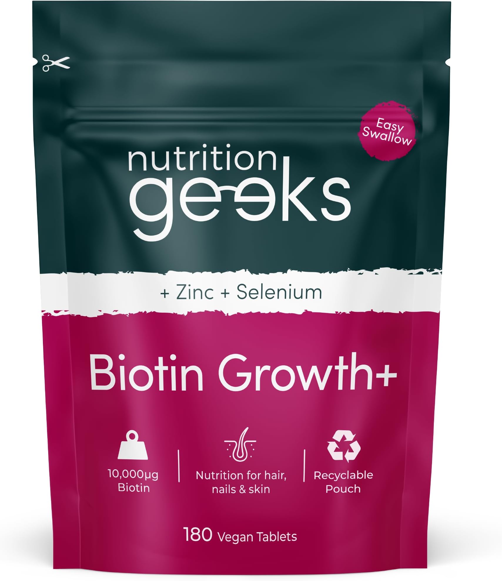 Biotin Hair Growth Supplement - 180 Vegan Tablets Enhanced with Zinc & Selenium, Hair Vitamins Complex - Biotin 10000 mcg - Hair Skin and Nails Vitamins for Women & Men UK (Packaging Design May Vary)