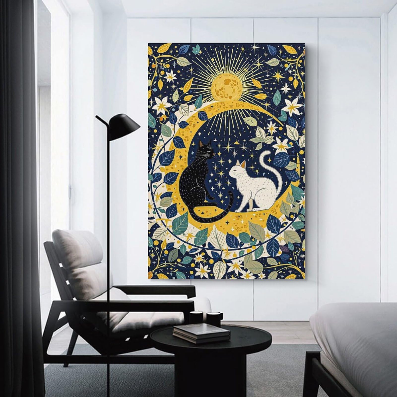 Junmoney Unframe-Style-1 Wall Picture Print Celestial Cats On Crescent Moon, 20X30inch(50X75cm), For Contemporary Homes, Apartments Or Offices, Decorative Canvas Decor For Home Updates
