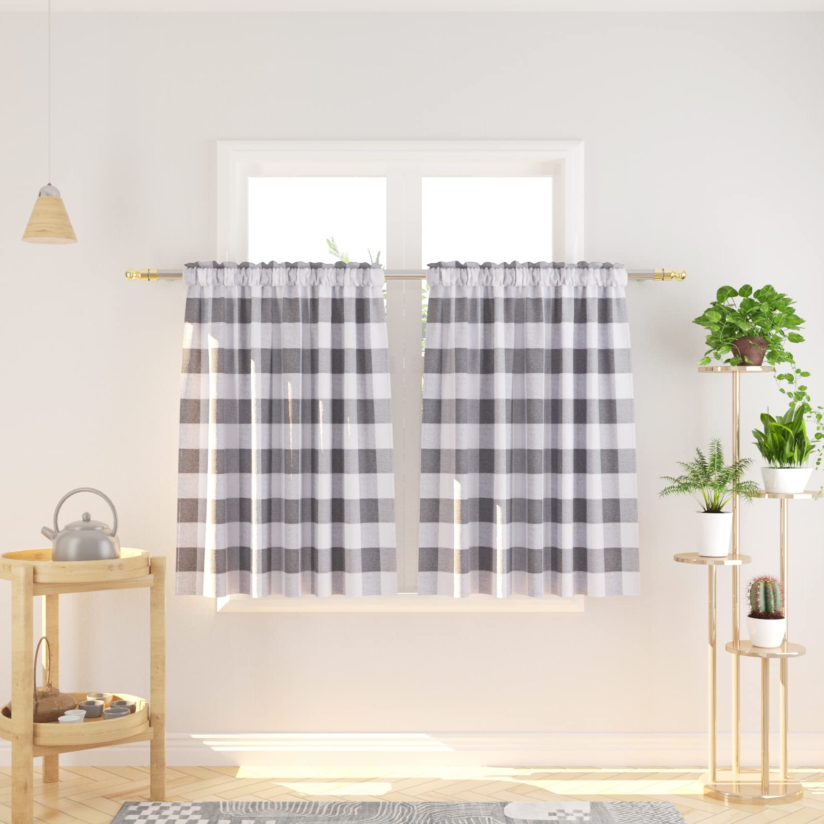 NATUS WEAVER Cafe Curtains 36 inches Long Buffalo Plaid Kitchen Tiers 2 Panels Rod Pocket Gingham Check Short Small Window Curtains Bathroom Grey &