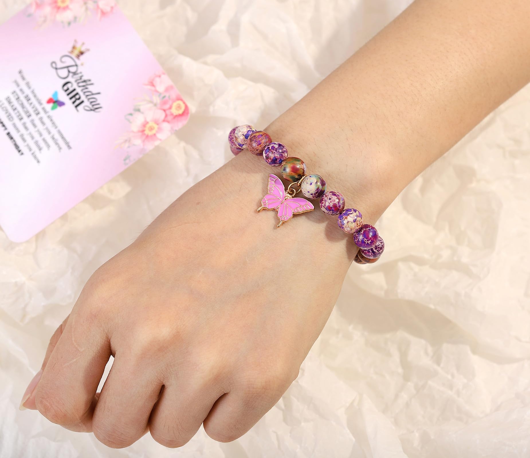 Braccialetto di compleanno per 6-18 anni, braccialetto con ciondolo a forma di farfalla con pietra naturale viola, regalo per figlia, nipote, nipote, adolescente, regalo per le vacanze
