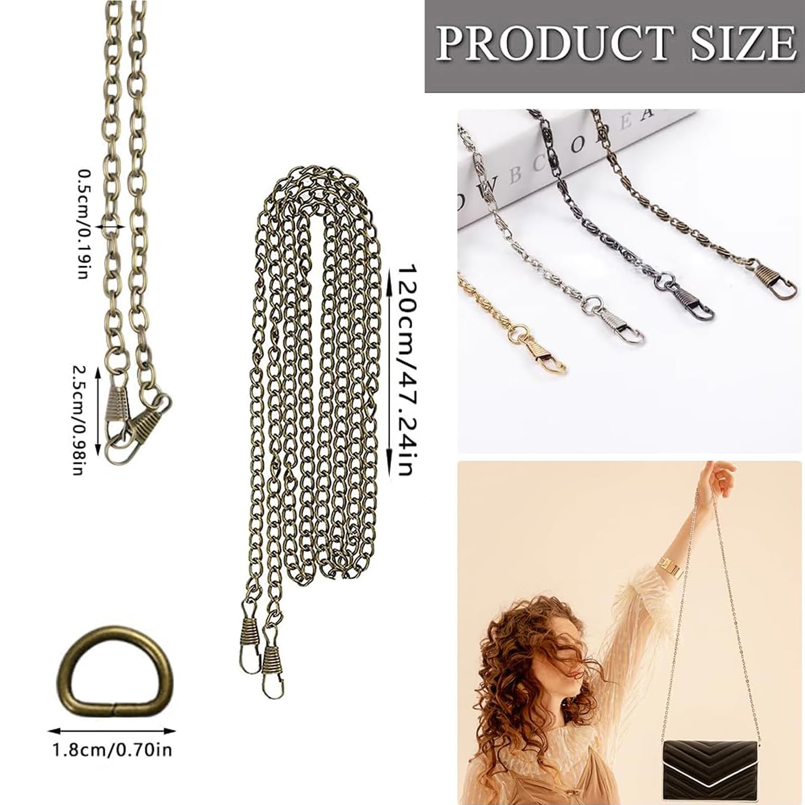 8 Piezas Cadena para Bolso, DIY Cadenas para Bolsos, 120 cm con 16 anillas en D para bolso bandolera, Cartera(oro/plata/bronce/color arma)