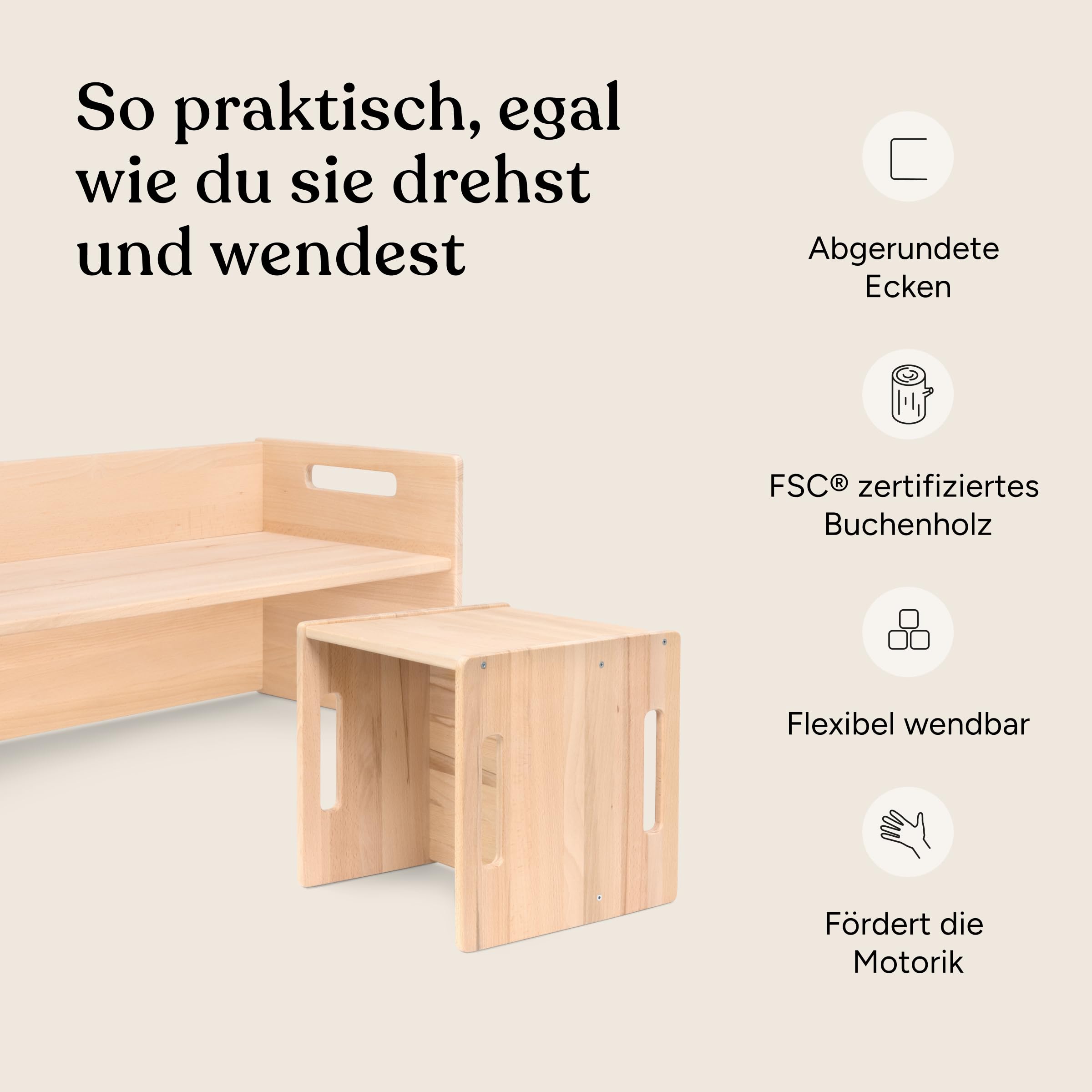 Ehrenkind® Wendebank Kinder, Montessori Sitzbank und Kindertisch 3in1, drehbar für Verschiedene Sitzhöhen, Kinderbank massiv, FSC® Buchenholz