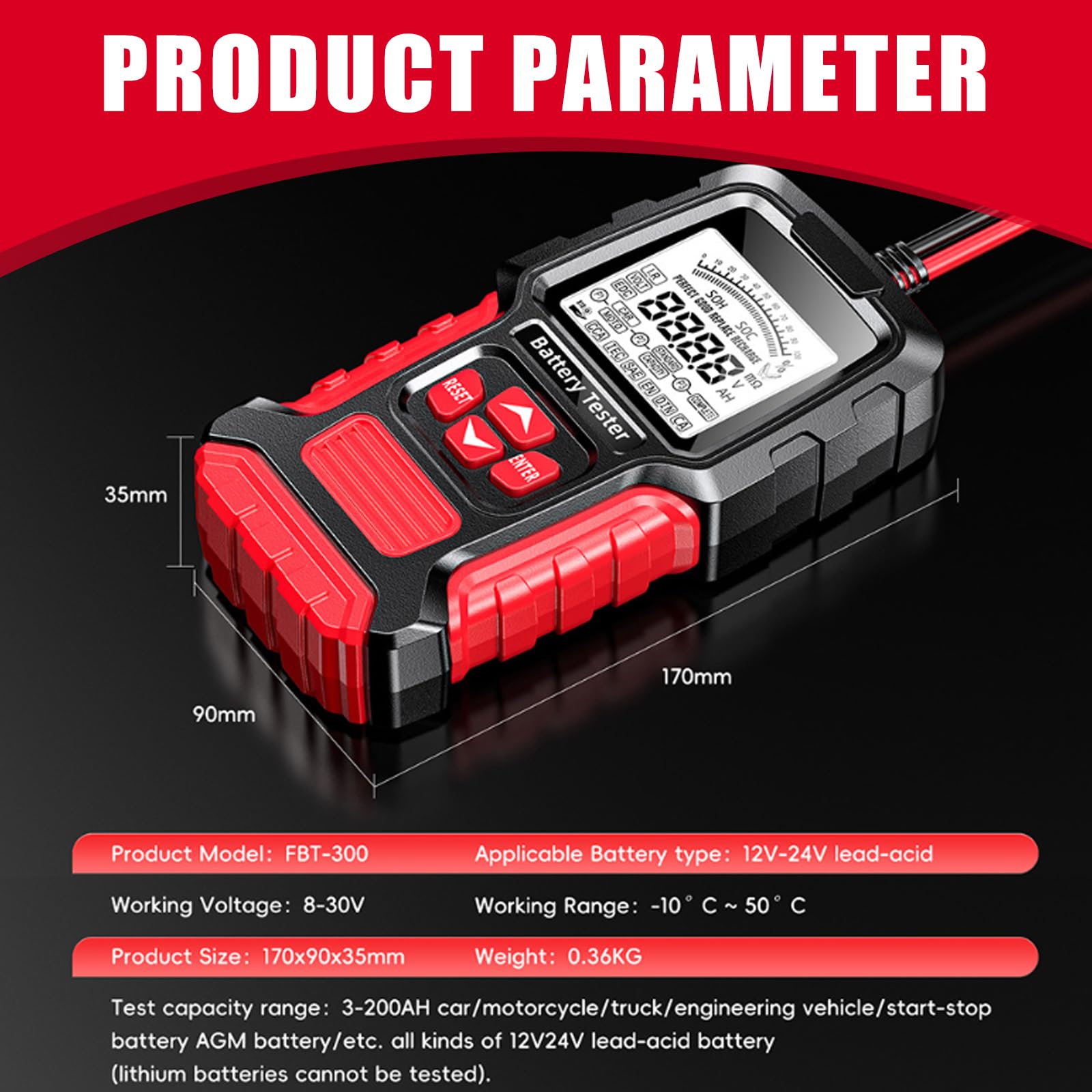 Tester akumulatora samochodowego 12 V 24 V: tester akumulatorów 12 V-24 V, duży wyświetlacz LCD, tester akumulatora samochodowego, zaciski miedziane o wysokiej czystości, do samochodów