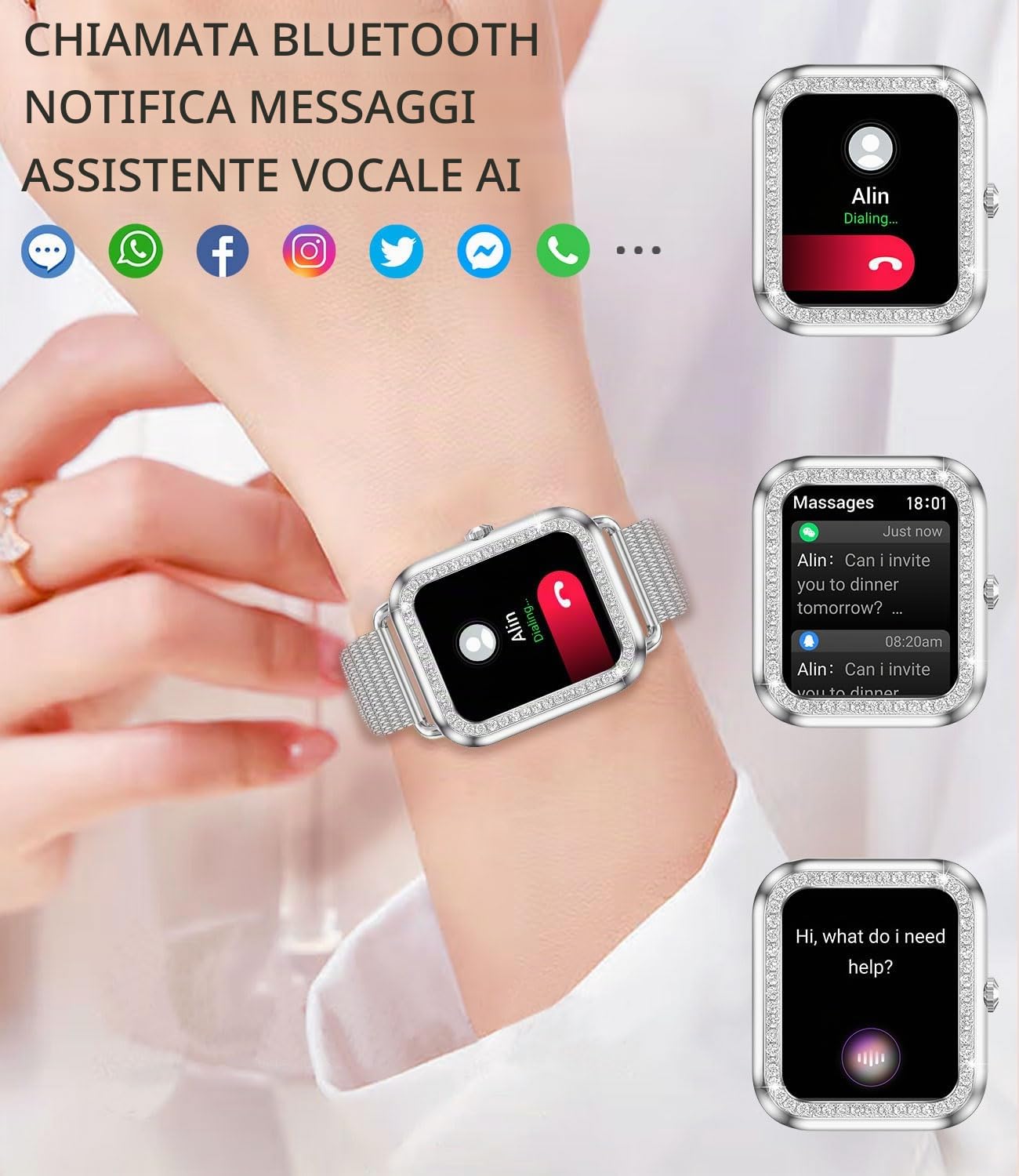 Smartwatch Donna Chiamate e Assistente Vocale, Orologio Smart Watch con Cardiofrequenzimetro Sonno SpO2, Notifiche Messaggi Contapassi Orologio Fitness per Android iOS 2 Cinturini