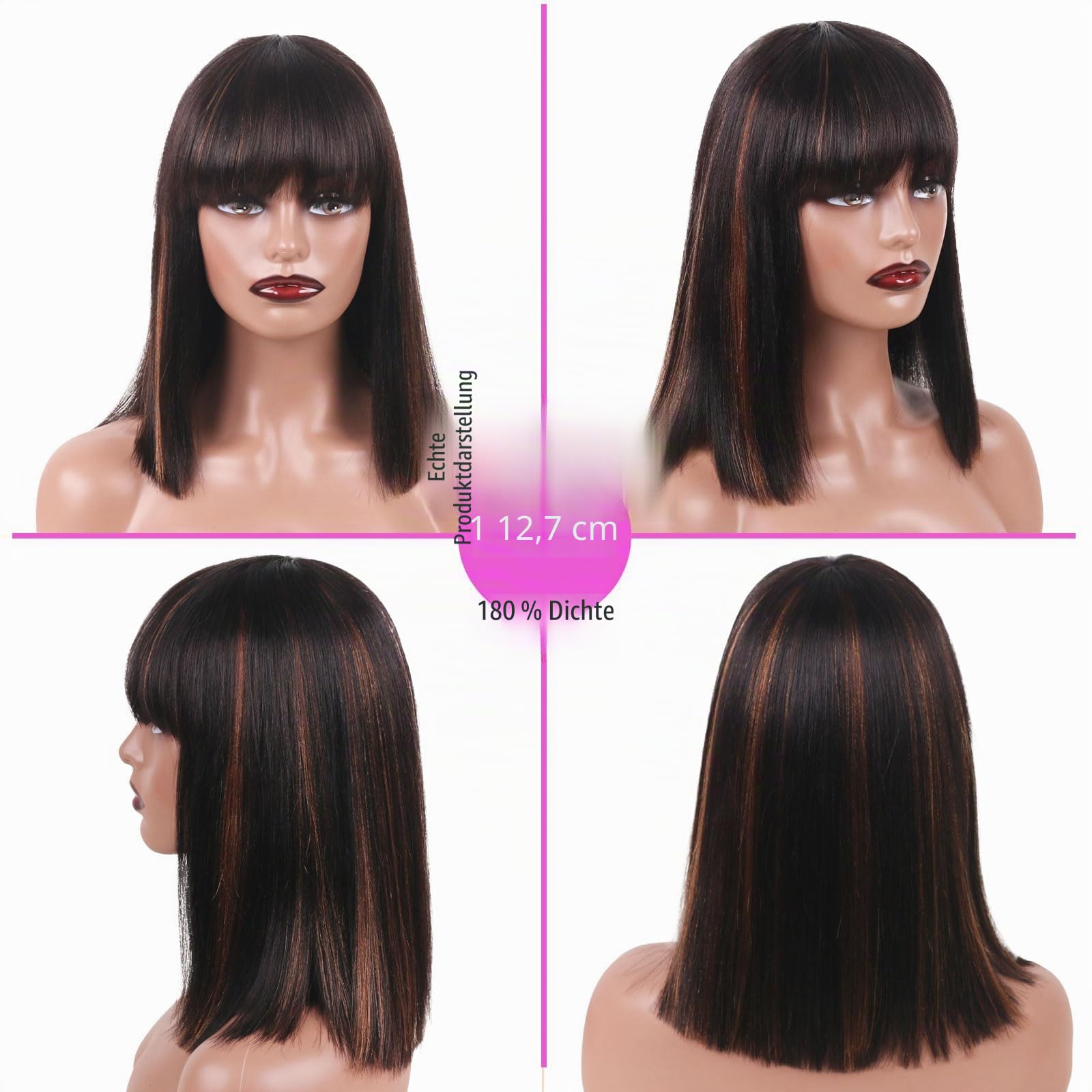 wig Perücke Ombre Kurze Bob Perücke mit Pony 38 cm YAKI Glattes Echthaar Klebefrei Ohne Spitzenfront Maschinengefertigt Für Frauen FS1B/30
