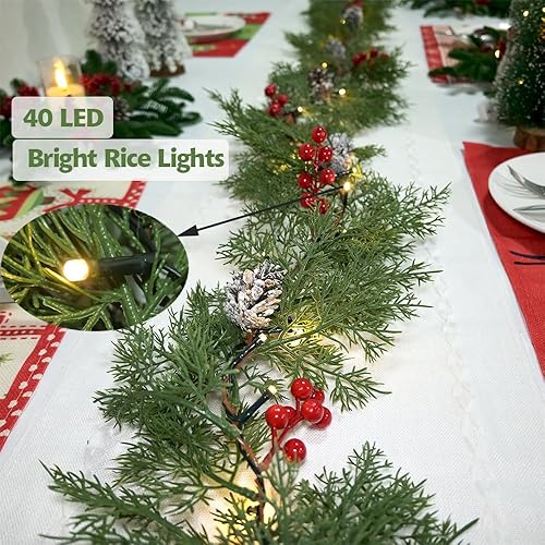 Miniatura 5 de Guirnalda de luces de Navidad preiluminadas, 40 LED, funciona con pilas, con temporizador, bayas rojas, piña, ciprés, pino, corona, decoraciones de