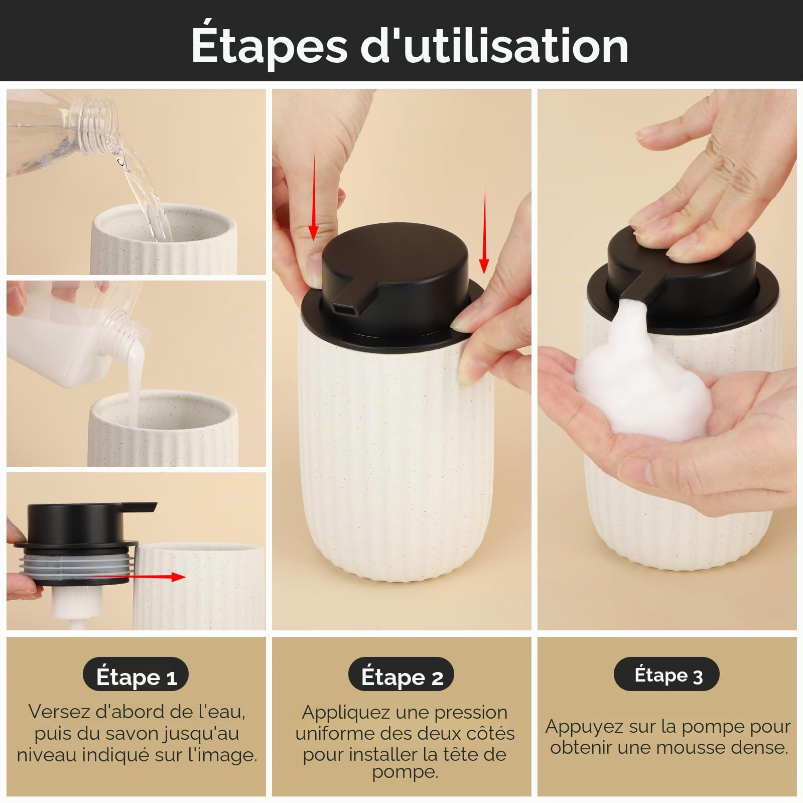 Segbeauty Distributeur Savon Mousse, 320ml Flacon Mousseur Vide, Distributeur Gel Douche en Céramique, Distributeur Shampoing et Gel Douche, Soap Dispenser Rechargeable avec Tête de Pompe en Mousse