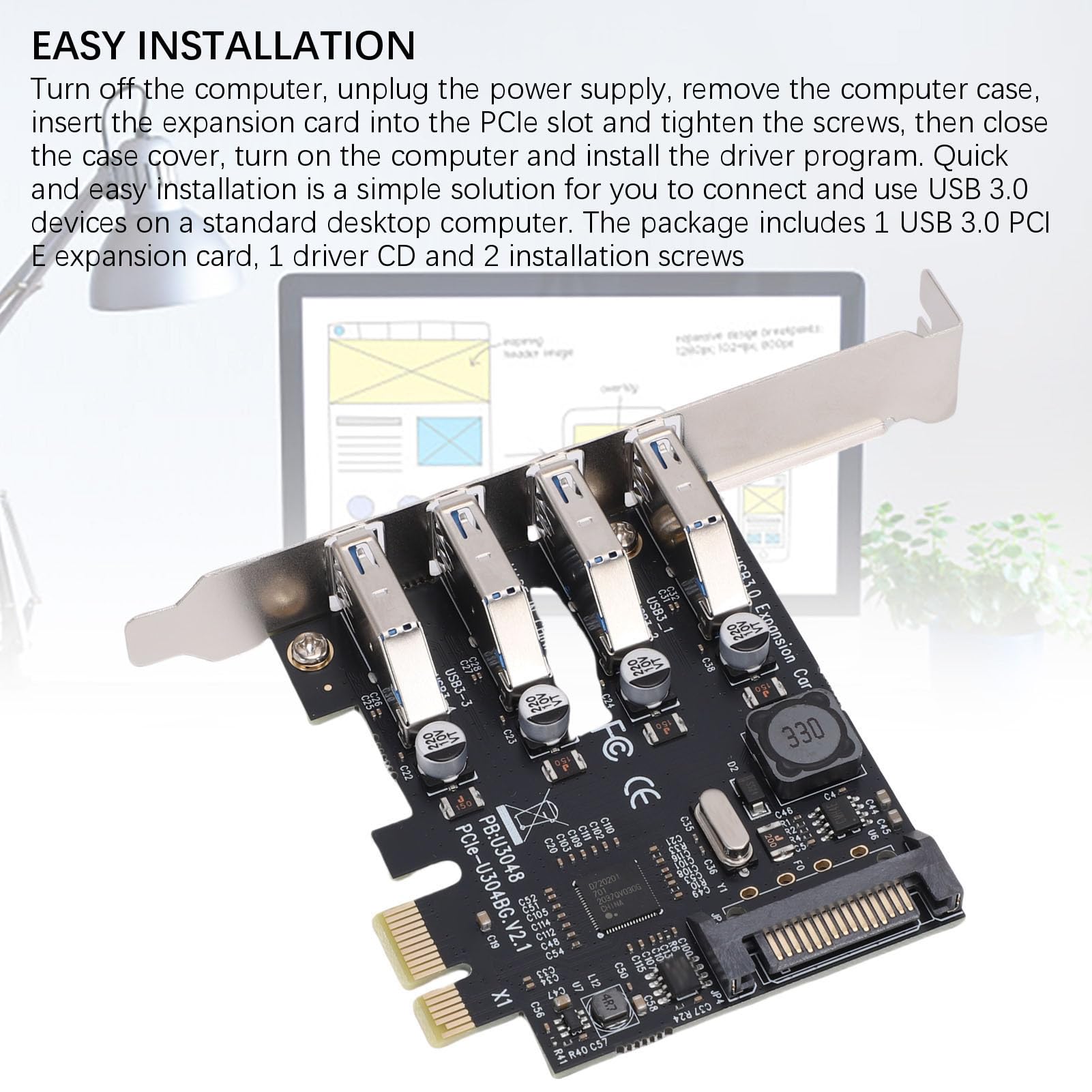 4-Port-USB-3.0-PCIe-Erweiterungskarte, 5-Gbit/s-PCI-Express-USB-Erweiterungskarte, kein Zusätzliches Netzteil Erforderlich, Ideal für Wins, Vista, 2008 Server, 7, 8, 10