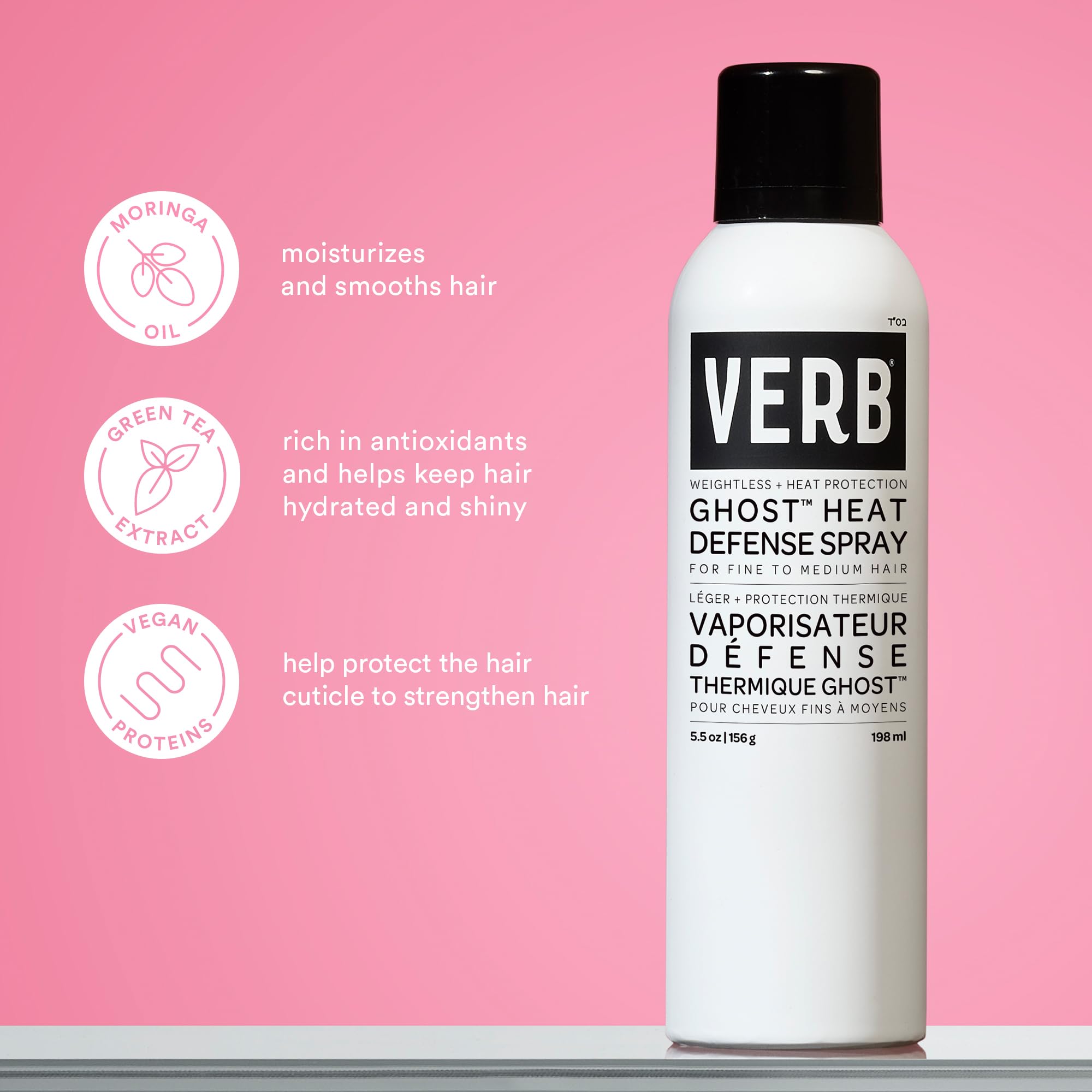 VERB Ghost Heat Defense Spray - Weightless Heat Protection + Shine - for Fine to Medium Hair - Vegan, Free of Harmful Sulfates