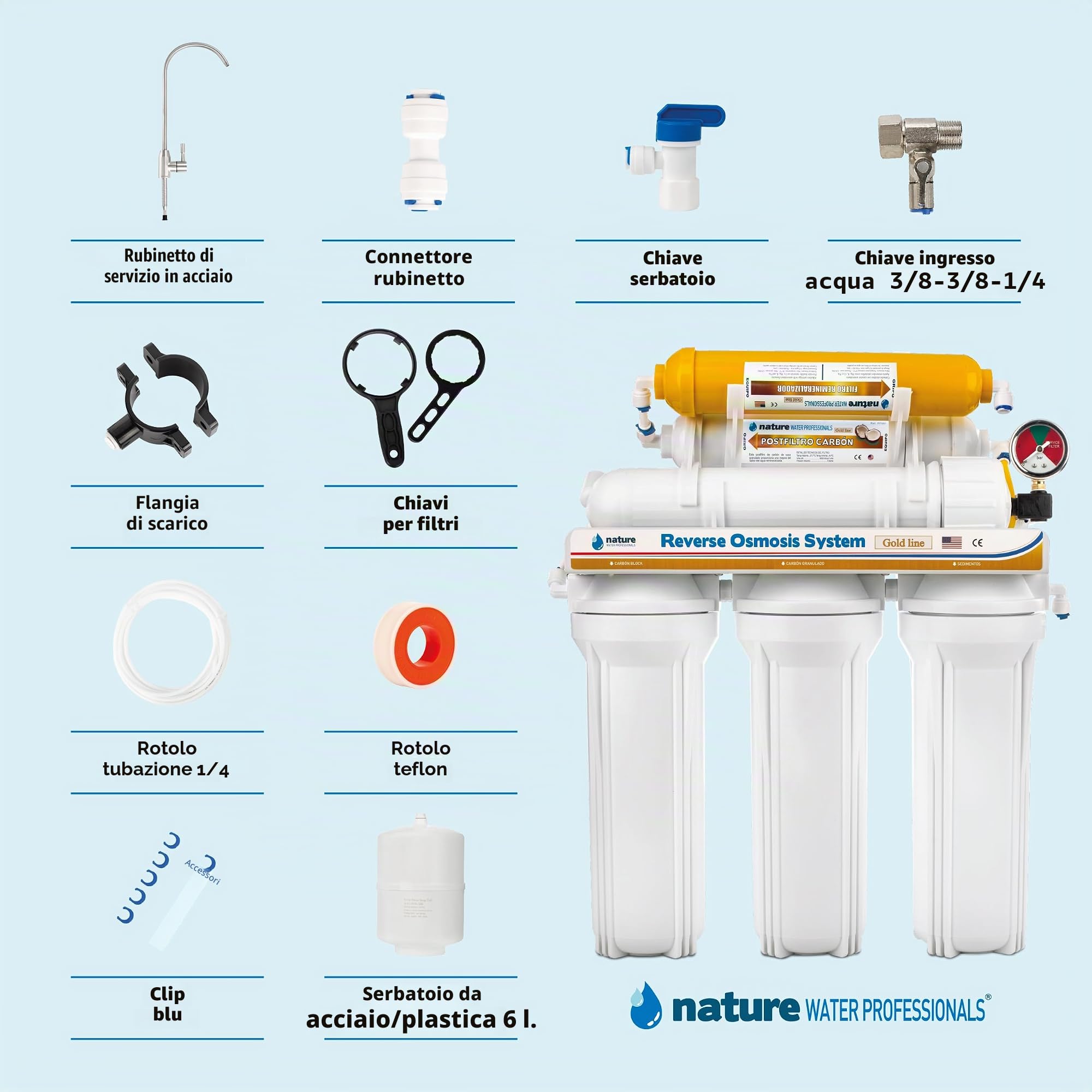 NATURE WATER PROFESSIONALS - Attrezzatura per osmosi inversa - Kit per osmosi a 6 stadi - Capacità 5 litri - Include membrana 50 GPD, filtro e serbatoio acqua.