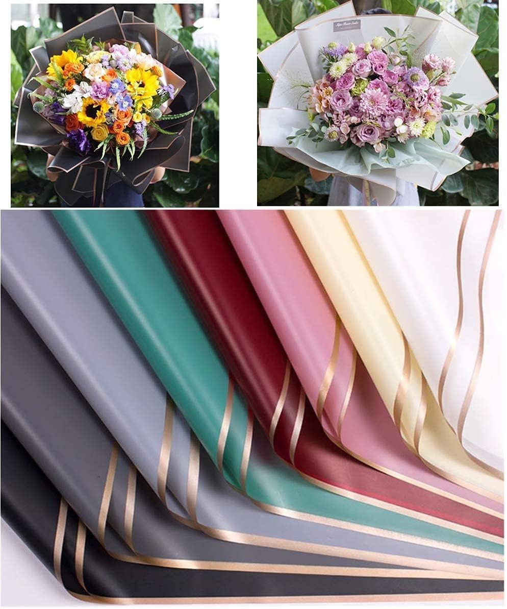 Zarwani - 20 Sheets Korean Style Waterproof Multicolor Bouquet Wrapping Paper (58cm x 58cm, 60 Microns) | Golden Border Design, Giftwrap for Flowers & DIY Gift Wrapping Paper (20, Gold Border Multi)