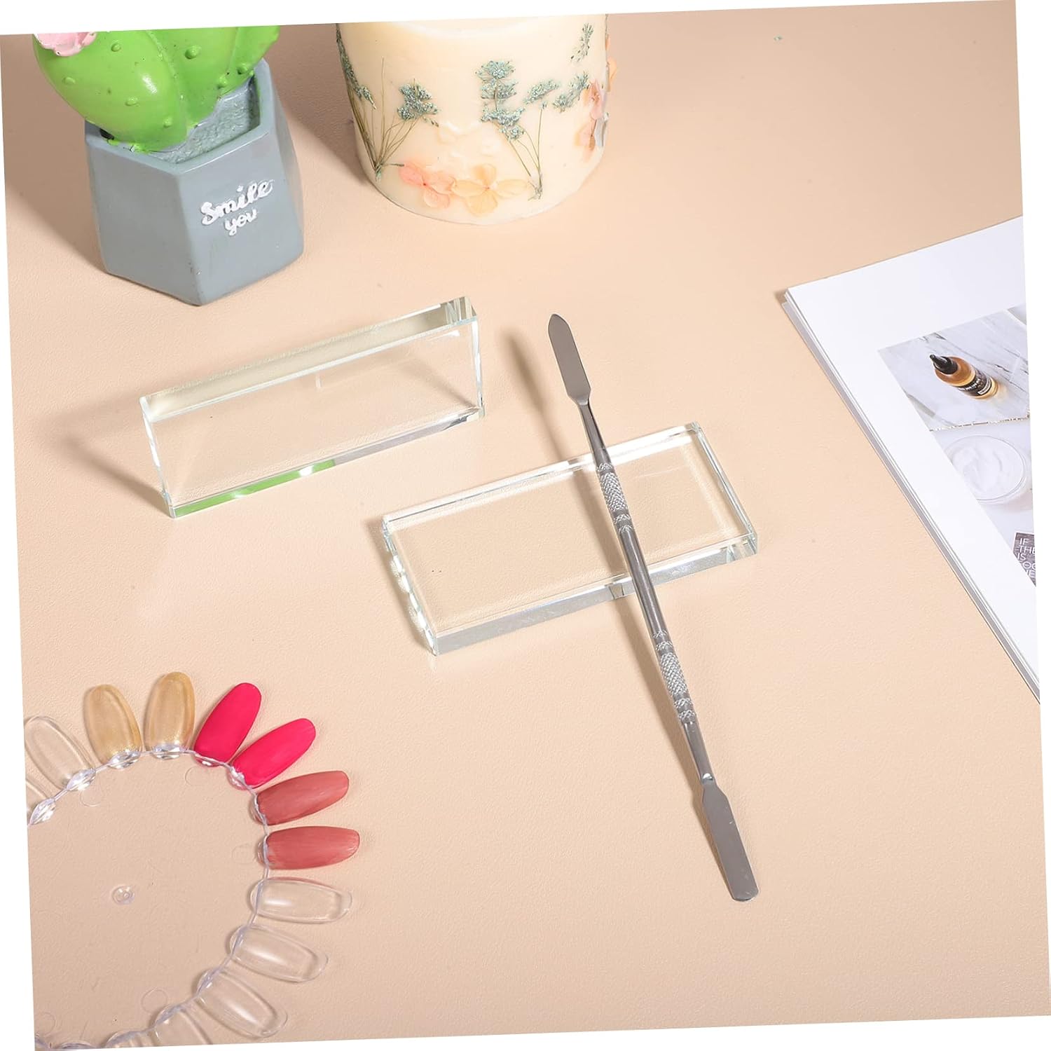 3pcs Glass Nail Art Palette Stainless Steel Dual-head Cuticle Pusher for Professional Manicure