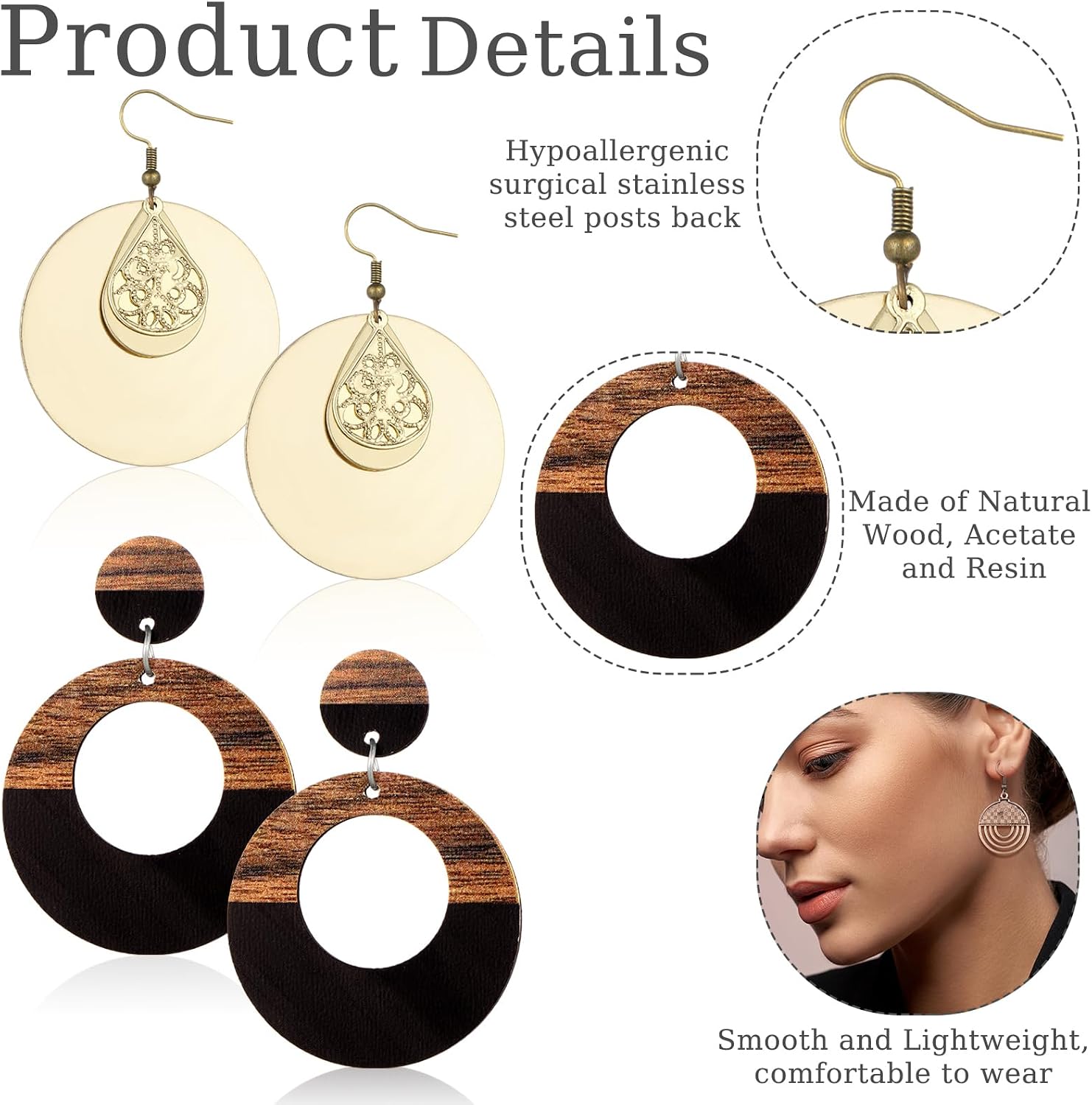 Ecation 16 Pairs Boho Wooden Earrings for Women Vintage Jewelry Set Retro Geometric Hollow out Earring Jewelry Gift