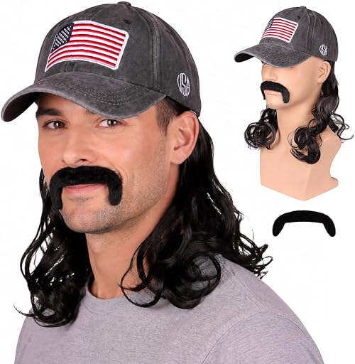 Medium Black Wavy 80s Mullet Hat Wig with Mustache for 4th of July Cosplay Party and Halloween