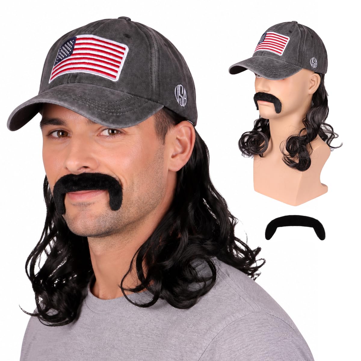 Medium Black Wavy 80s Mullet Hat Wig with Mustache for 4th of July Cosplay Party and Halloween