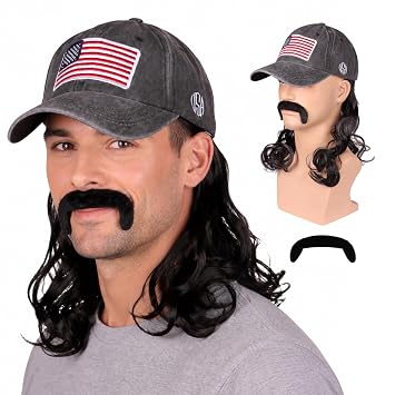 Medium Black Wavy 80s Mullet Hat Wig with Mustache for 4th of July Cosplay Party and Halloween