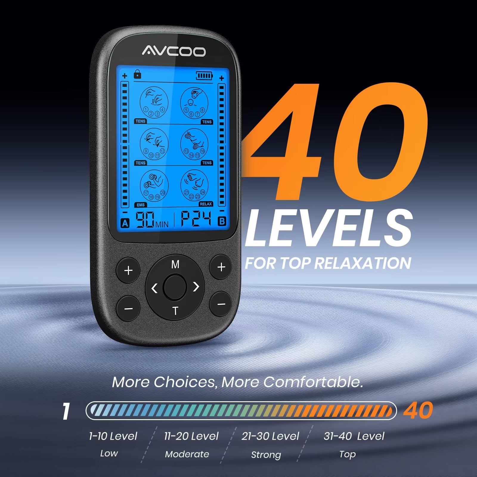 AVCOO 3-in-1 TENS Unit Muscle Stimulator for Pain Relief, 24 Modes, EVA Bag — Amazon image 4