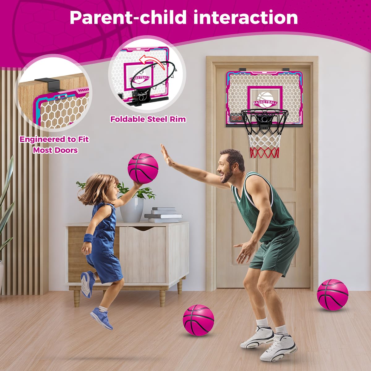 VATOS Canestro per Ragazze Indoor, Canestro Telecomandato Rosa con Tabellone Elettronico, Mini Set di Canestri a LED, Regali di Compleanno per Bambini e Bambine di 3 4 5 6 7 Anni