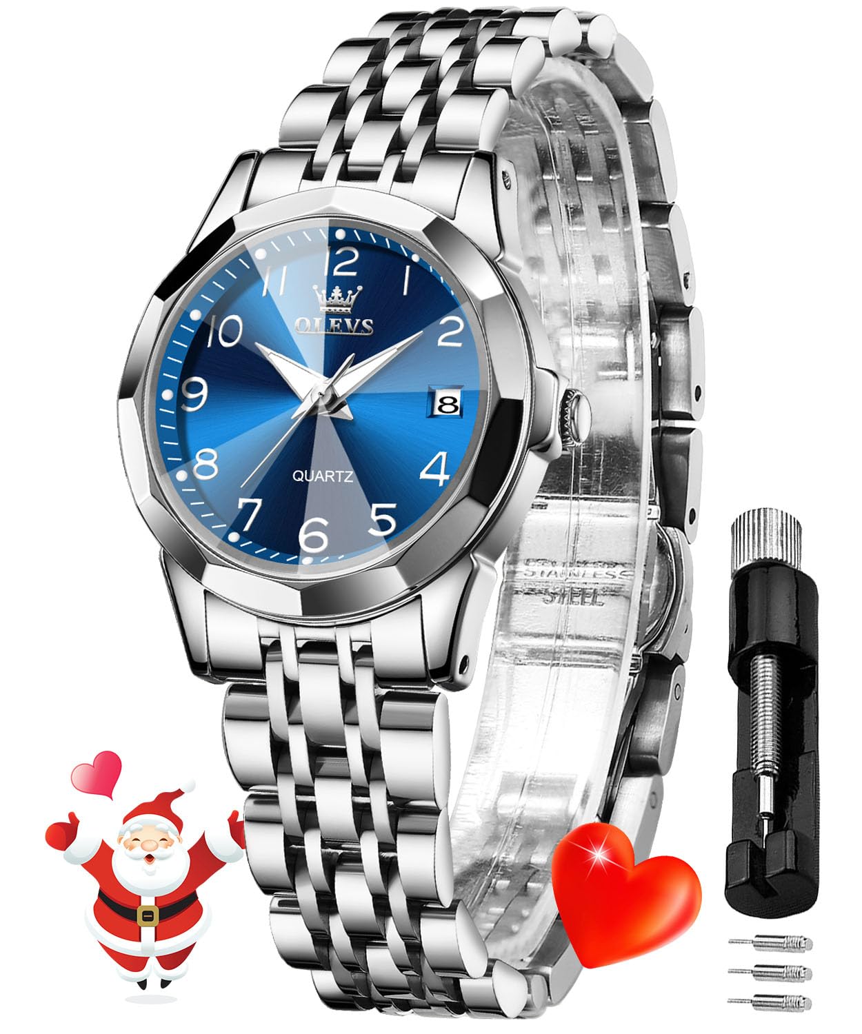 OLEVS Womens Watch Luxury Dress Diamond Watches for Ladies Analog Quartz Stainless Steel Waterproof Luminous Day Date Blue Wrist Watch (B0D9YF24MD) Amazon Price History, Amazon Price Tracker