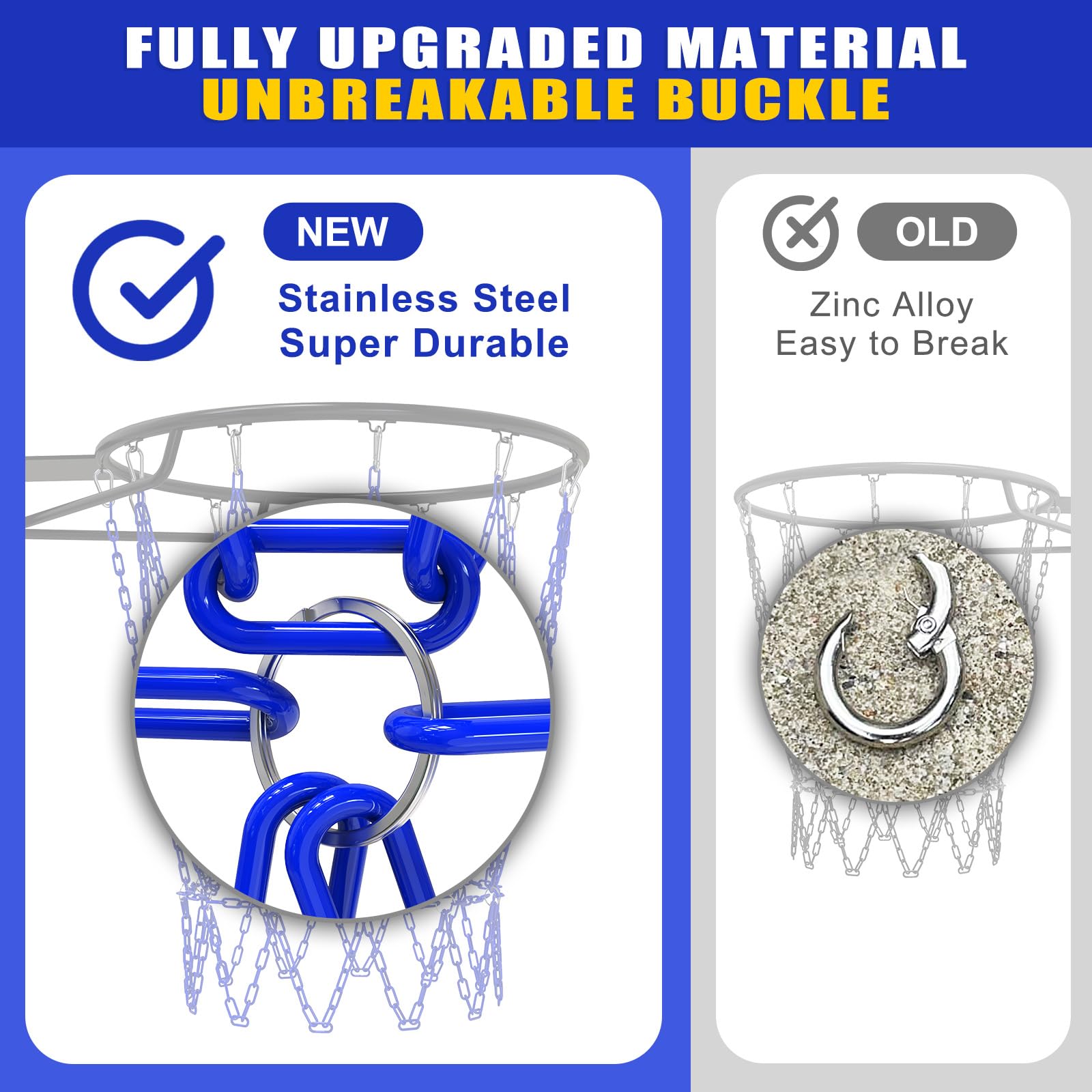 Insaga Red de baloncesto de cadena de metal resistente, red de cadena de baloncesto de 19 pulgadas para aro de repuesto para interiores y exteriores, red de cadena de acero inoxidable para borde