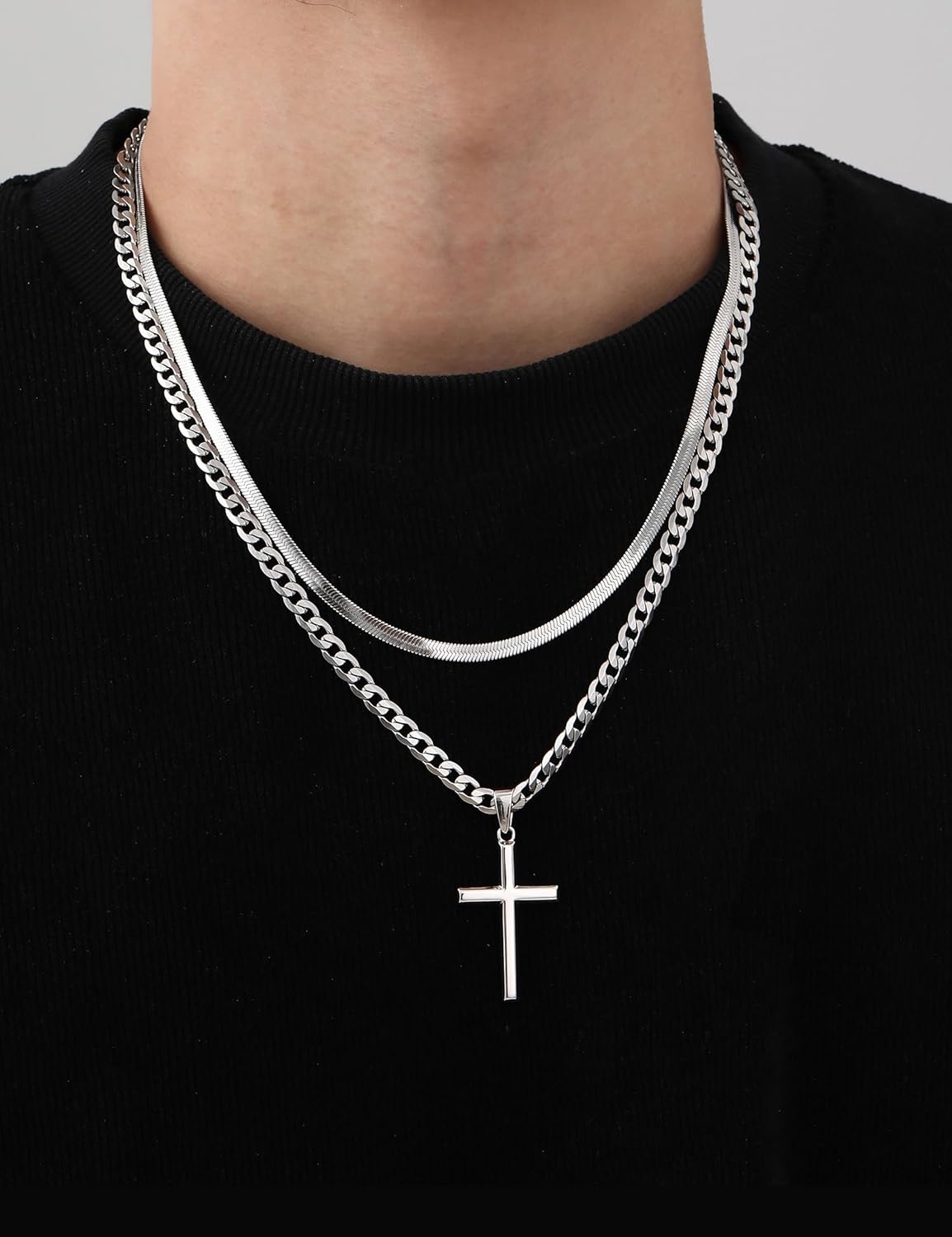 925 Sterling Silver Cross Necklace for Men - Waterproof Layered Sterling Silver Cross Pendant Necklaces Stainless Steel Cuban Link Herringbone Cross Chain Necklace Set Jewelry Gifts 16-30 Inches - Image 2